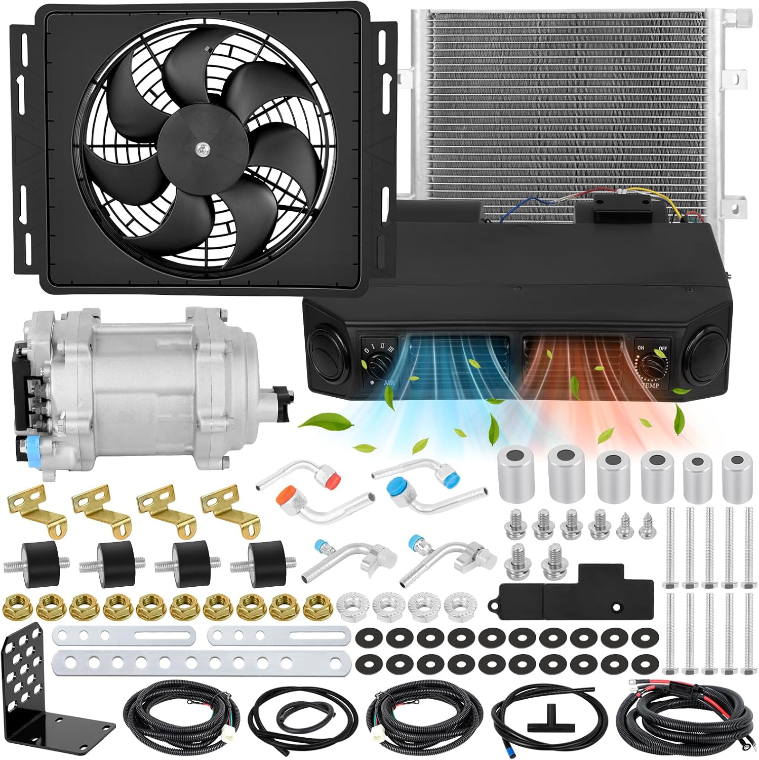 Universal Under Dash Electric Air Conditioner Heating and Cooling 12 Volt DC 10000 BTU A/C Unit Kit, AC Heater System with Evaporator Condenser Compressor for Car RV Van Truck ATV Pickup Tractor