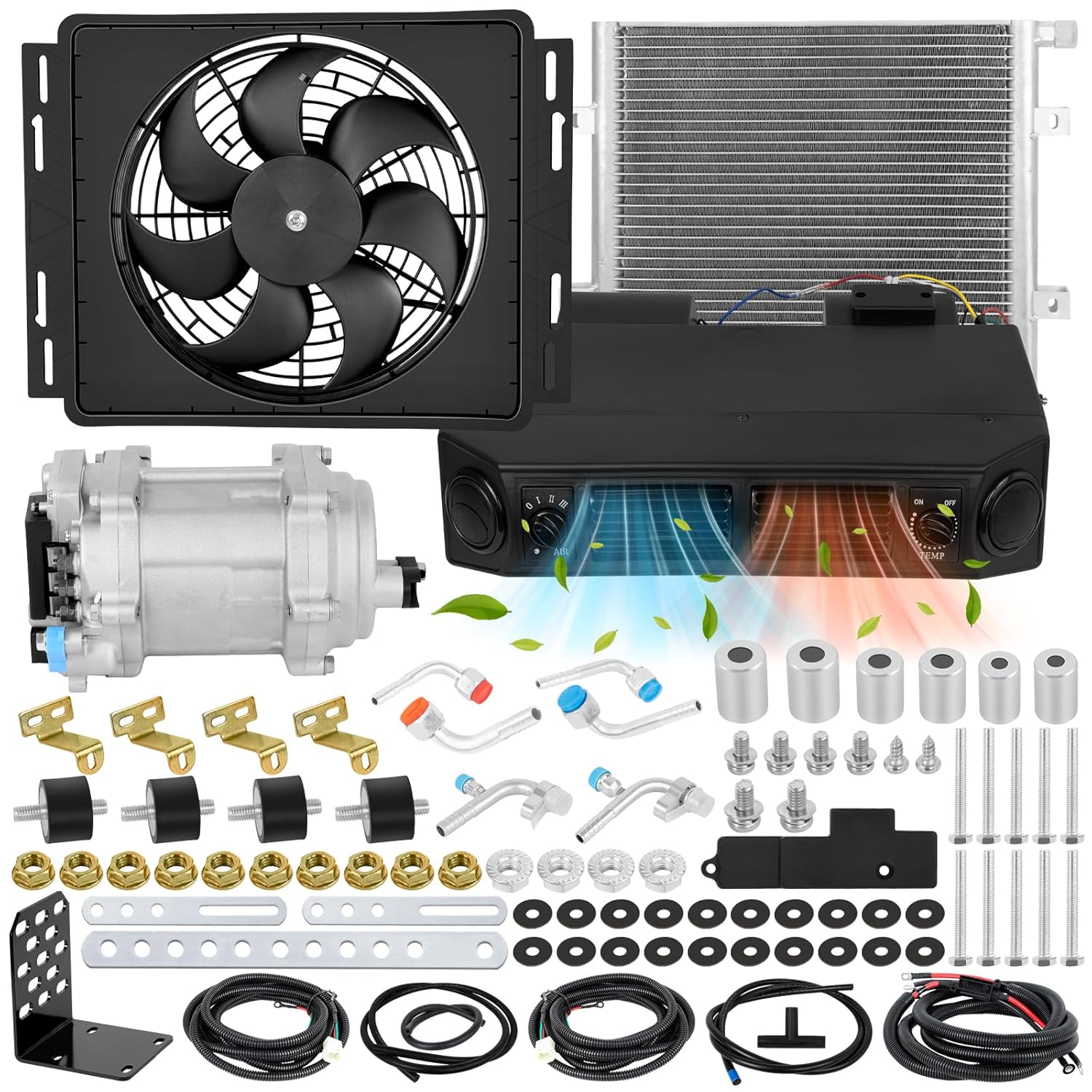 Universal Under Dash Electric Air Conditioner Heating and Cooling 12 Volt DC 10000 BTU A/C Unit Kit, AC Heater System with Evaporator Condenser Compressor for Car RV Van Truck ATV Pickup Tractor