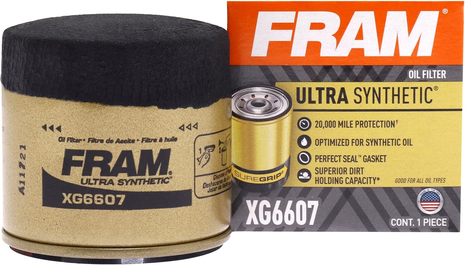 FRAM Ulta Synthetic Automotive Replacement Oil Filter, Designed for Synthetic Oil Changes Lasting up to 20k Miles, XG6607 with SureGrip (Pack of 1)