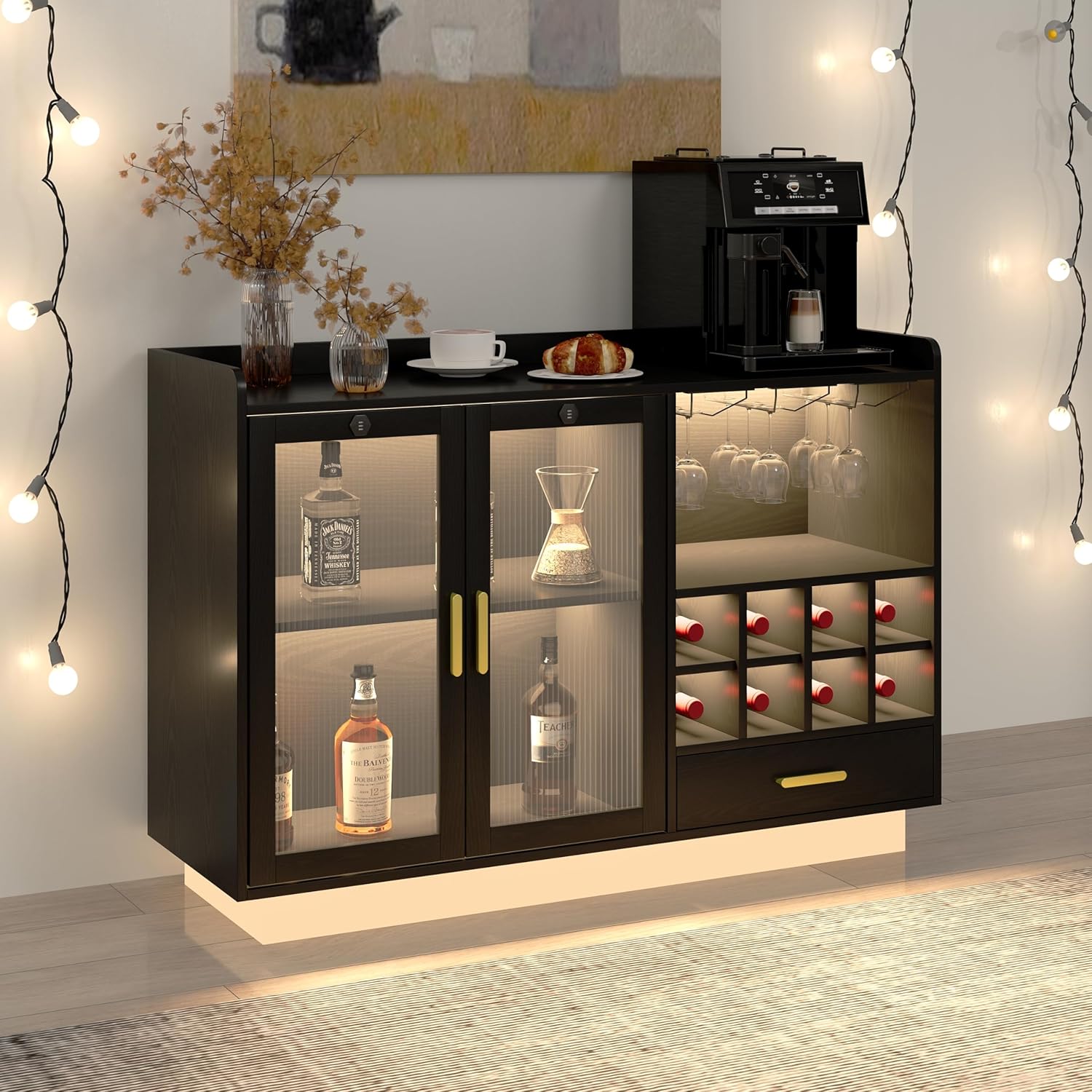 COCO DESIGN Modern Wine Bar Cabinet with LED Light & Locked Fluted Door, Black Floating Coffee Bar with Power Outlets & Glass Rack, Buffet Sideboard with Removable Wine Rack and Drawer for Living Room