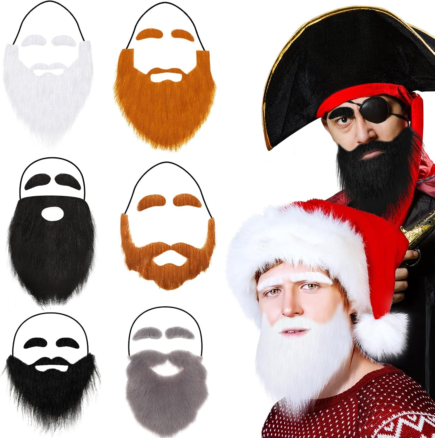 Syhood 6 Pcs Large Fake Beards with Eyebrows Funny False Mustaches Self Adhesive Beards Facial Hair Accessory for Adults Cosplay Costume Halloween Christmas Party Supplies
