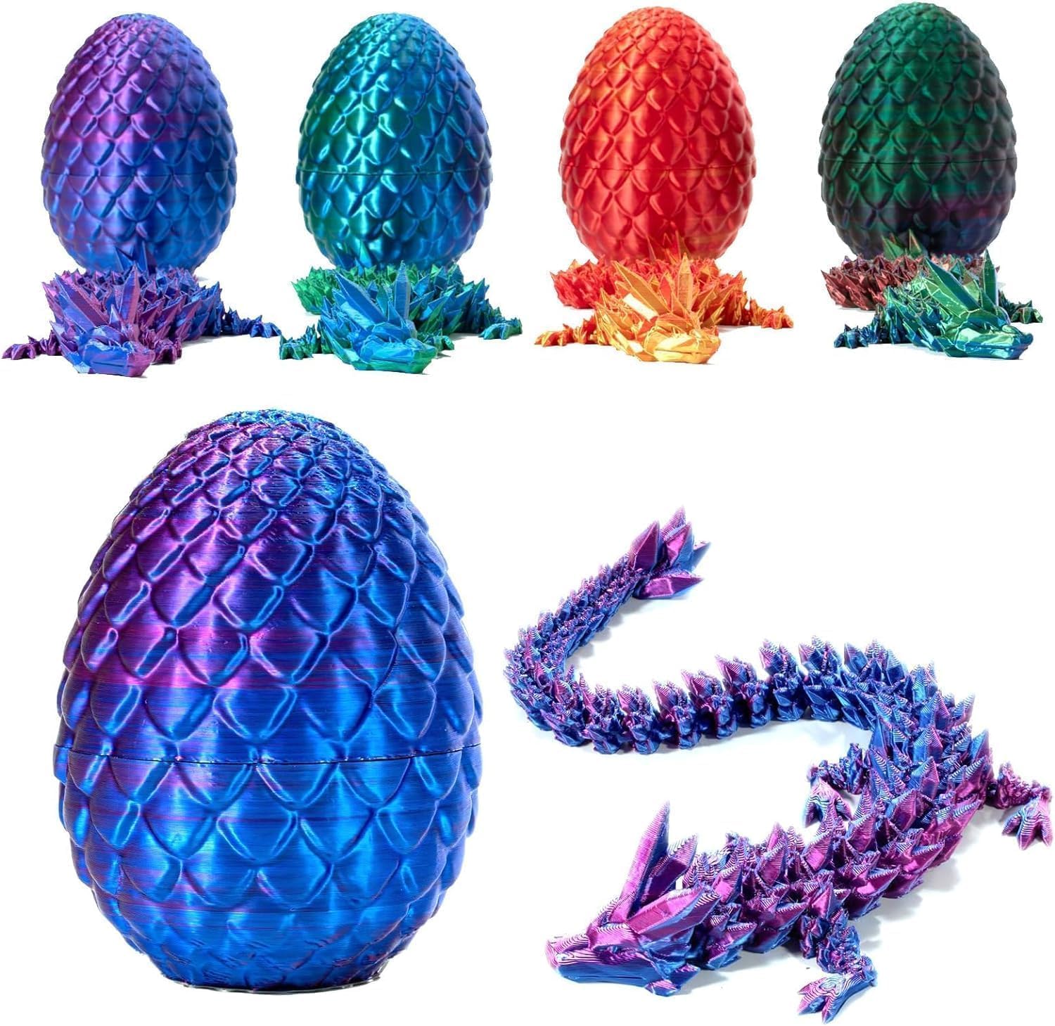 3D Printed Dragon in Egg, Full Articulated Crystal Dragon with Flexible Joints - Home Decor Executive Desk Toys for Autism/ADHD (Blue Purple)