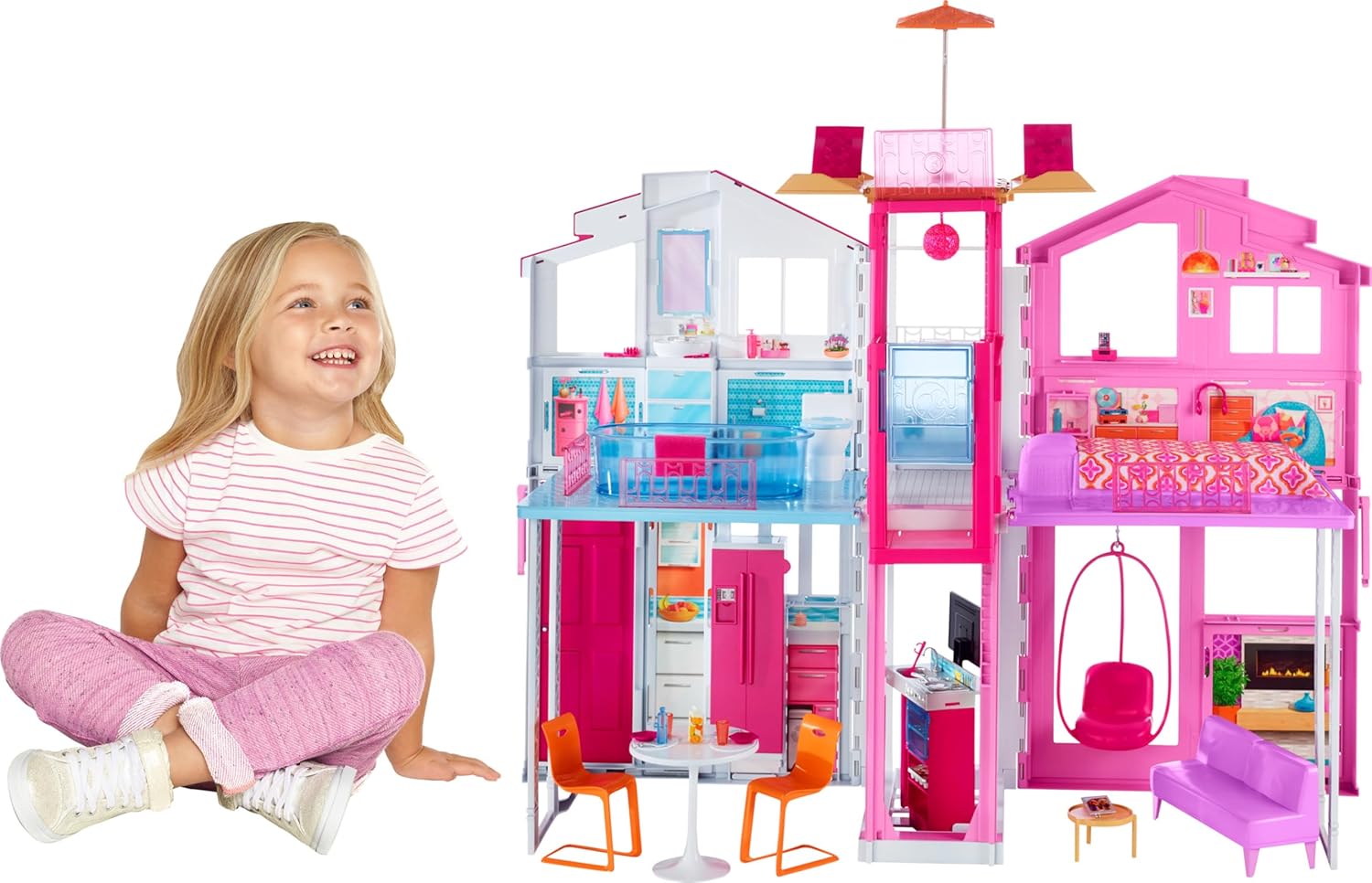 Barbie Doll House Playset, 3-Story Townhouse with 4 Rooms & Rooftop Lounge, Furniture & Accessories Including Swinging Chair (Amazon Exclusive)