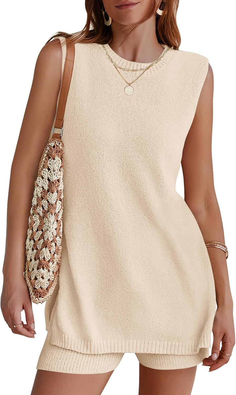 NENONA Women's Summer Sleeveless Sweater Lounge Sets Casual Loose Fit Tunic Tops and Shorts 2 Piece Vacation Outfits