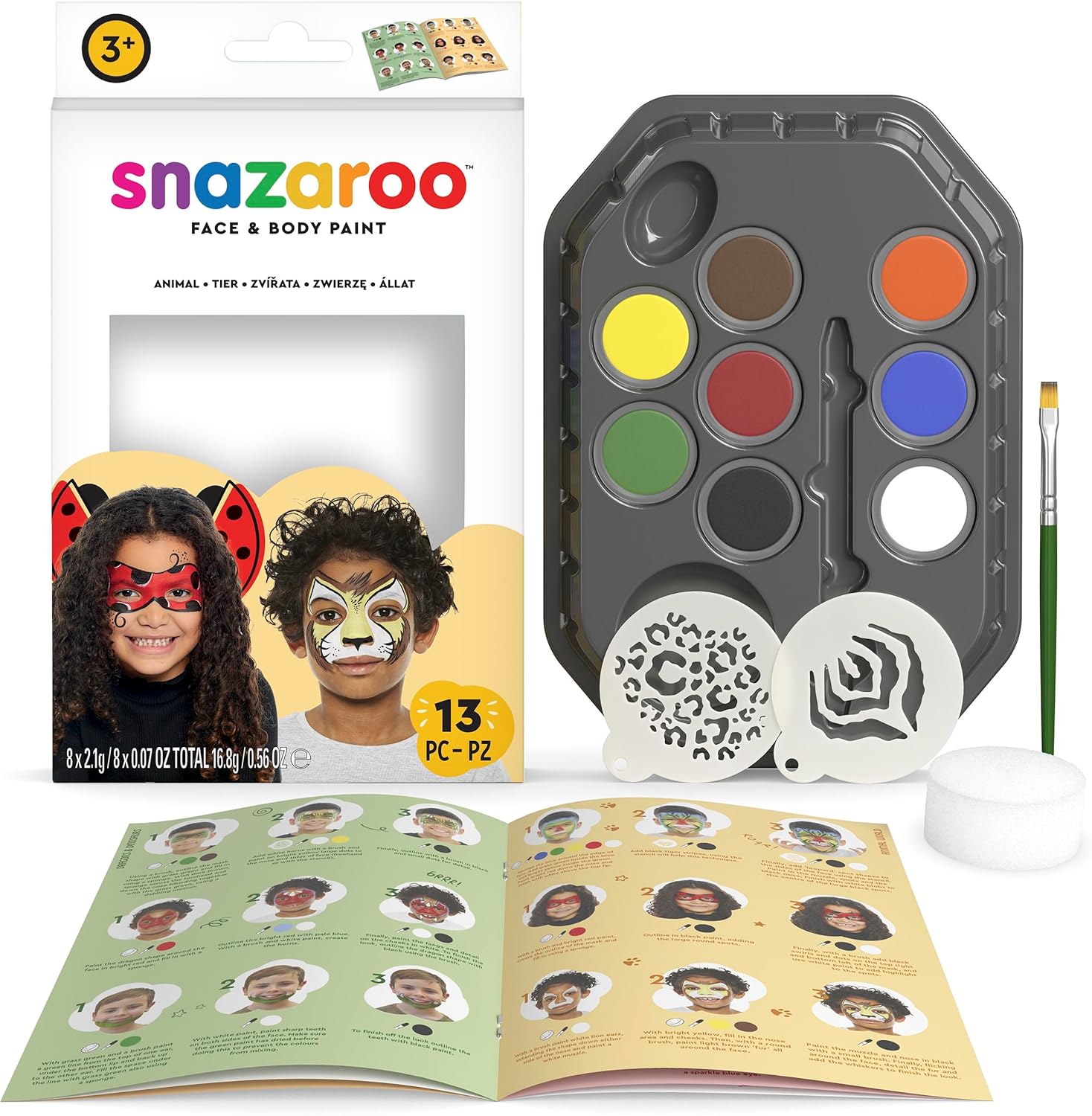 Snazaroo Animal World Face Painting Palette Kit for Kids & Adults, 8 Colours, 13pcs, Stencils, Brush, Sponge, Guide, Water Based, Easily Washable, Non-Toxic, Makeup, Body Painting & Parties