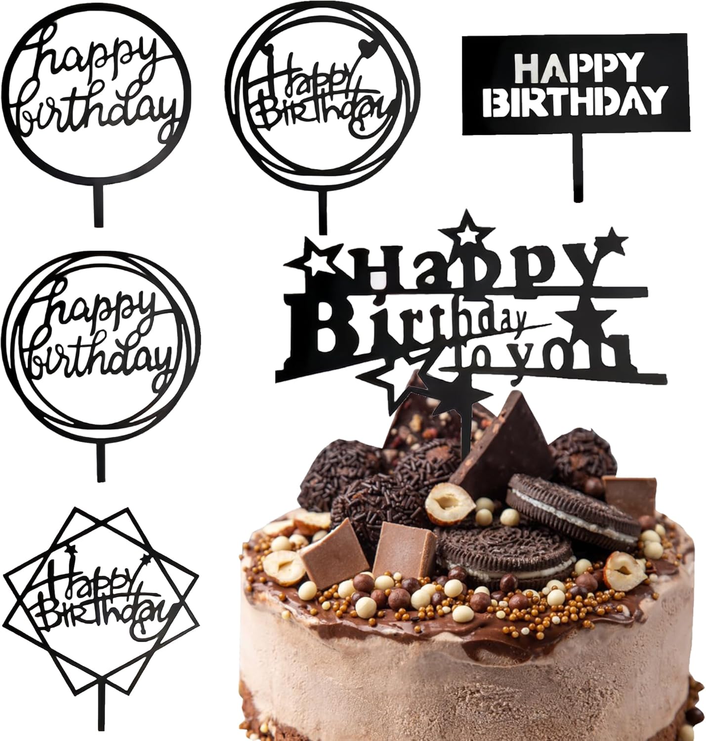 6 Pcs Black Happy Birthday Cake Toppers Mirrored Acrylic Versatile Cake Topper for Men's and Women's Birthday Party Decorations