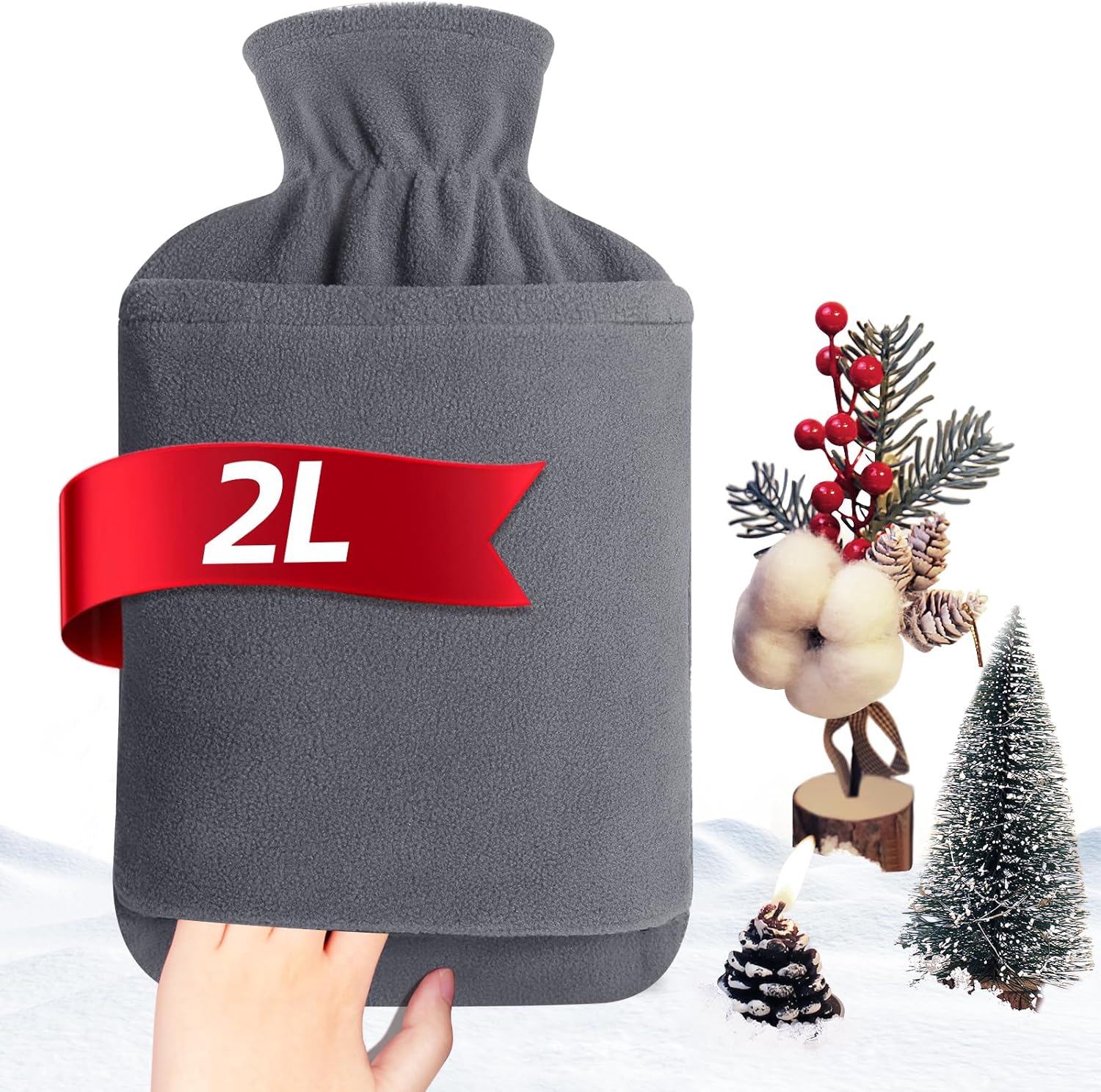 Hot Water Bottle with Fleece Cover - 2L Large Leakproof Hot Water Bag - Soft Hot Water Bottle with Hand Pocket and Natural Rubber -for Hands, Feet, Shoulders, Neck, Abdomen, Legs (Grey)