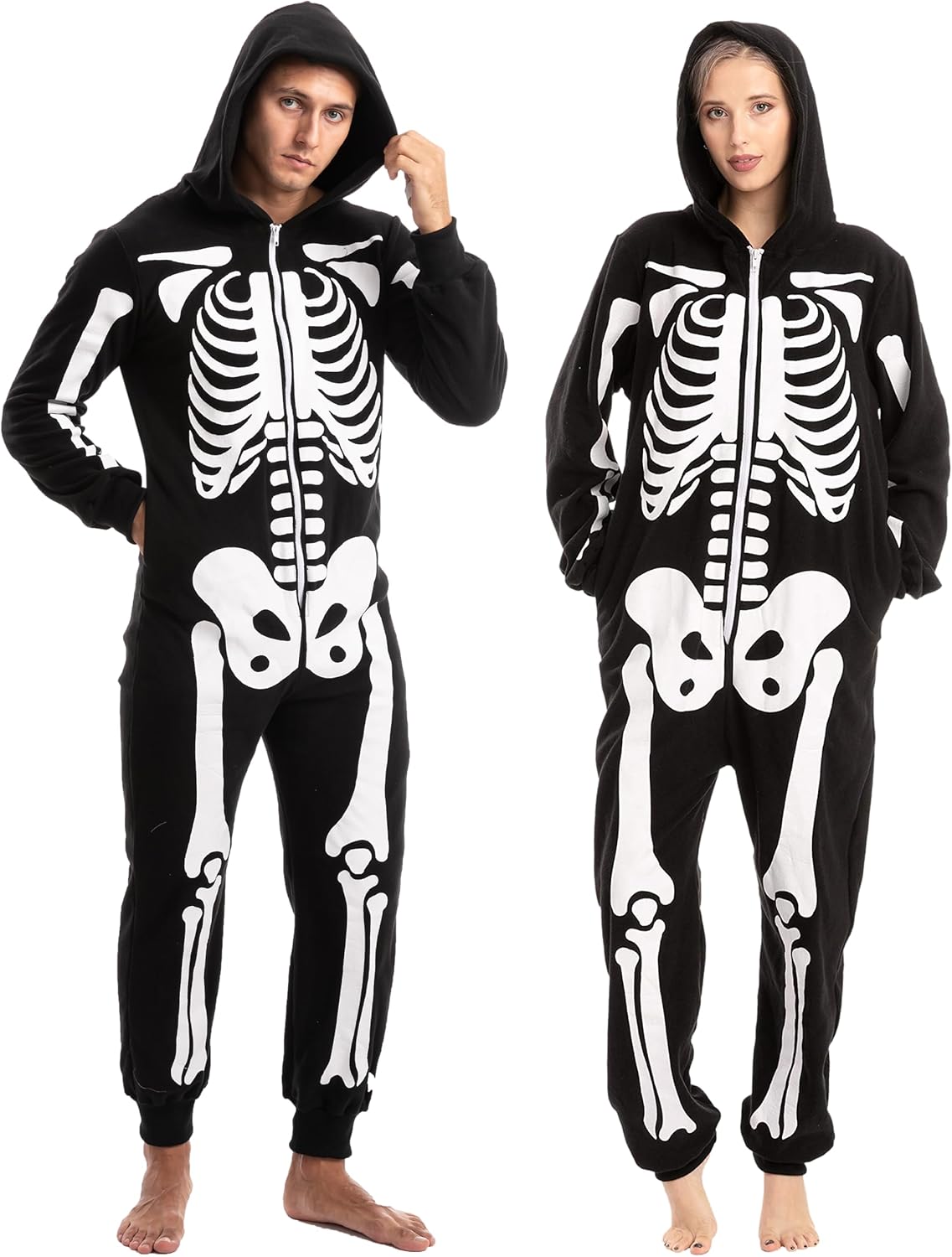 Spooktacular Creations Unisex Skeleton Jumpsuit - Plush Skeleton Zippered Halloween Hoody for Adult Sleepwear Costume
