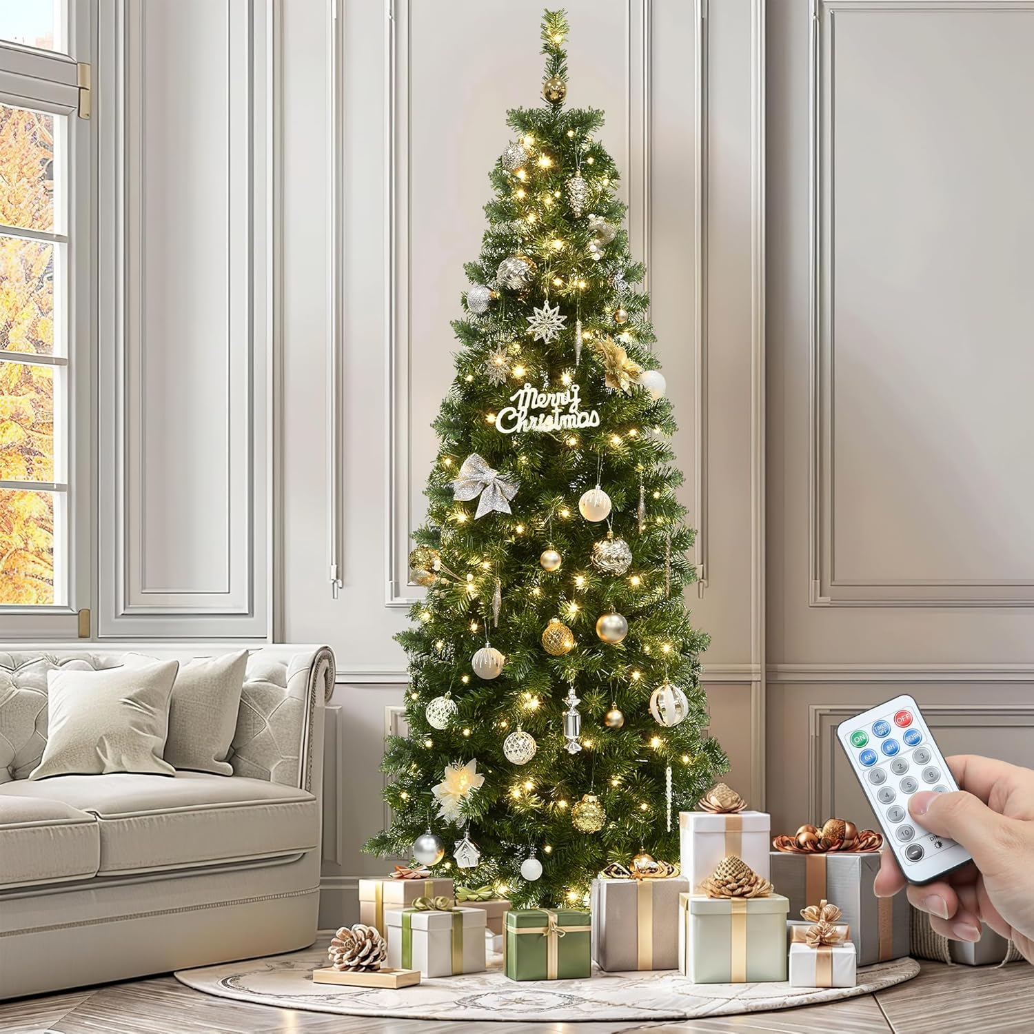 YITAHOME Pre-Lit Artificial Pencil Christmas Tree with Remote, Fraser Fir, Slim Green Christmas Tree with 700 Branch Tips and 200 Lights(6 FT)