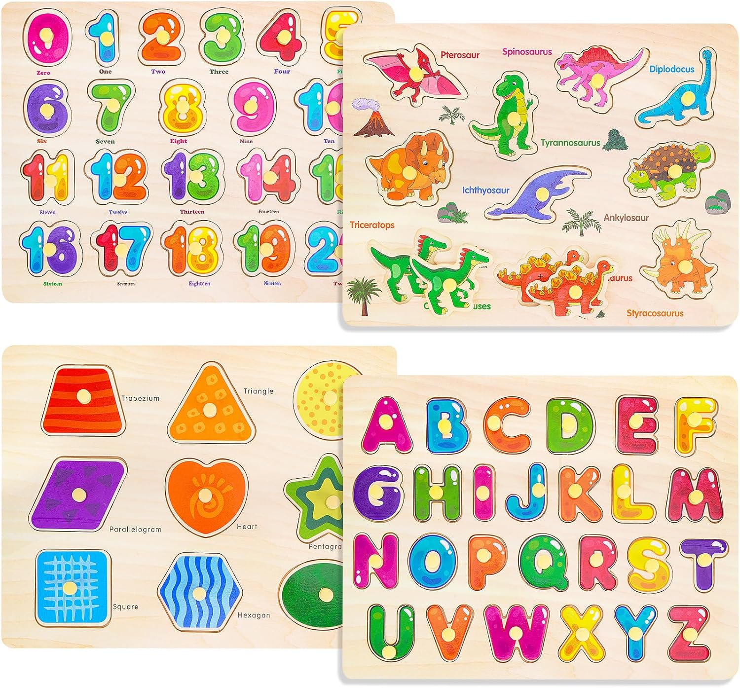 Montessori Wooden Peg Puzzles for Toddlers 3 4 5 Year Old, 4 Pcs Kids Educational Toys Preschool Learning Activities-Alphabet, Shape, Number and Dinosaur, Baby Puzzle for Boys Girls