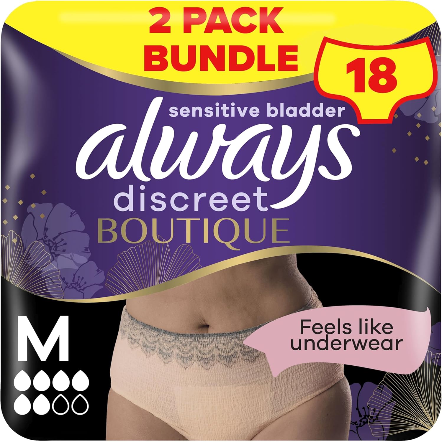 Always Discreet Boutique Incontinence Pants Women, Medium, Plus, 18 High Absorbency Pants (9 x 2 Packs), Odour Neutraliser, Softness and Protection, For Sensitive Bladder