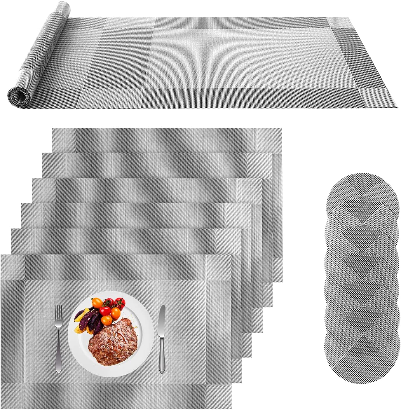 Miorkly Placemats and Coasters Set of 6 - Christmas Silver Grey Plastic Table Mats With Long Table Mat - Resistant Washable PVC - For Home, Restaurant