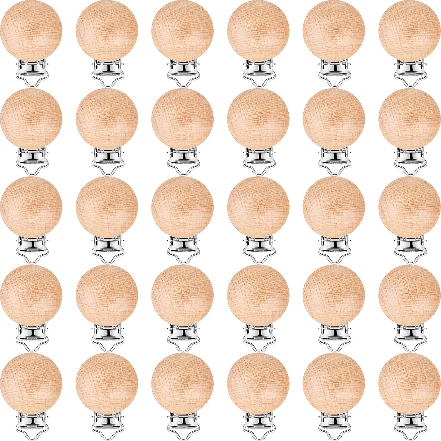 30 Pieces Natural Beech Wood Pacifier Clips Teething Grasping Toy Suspender Clips Wood Pacifier Clip Holder Charm DIY Clips (30 Pieces)