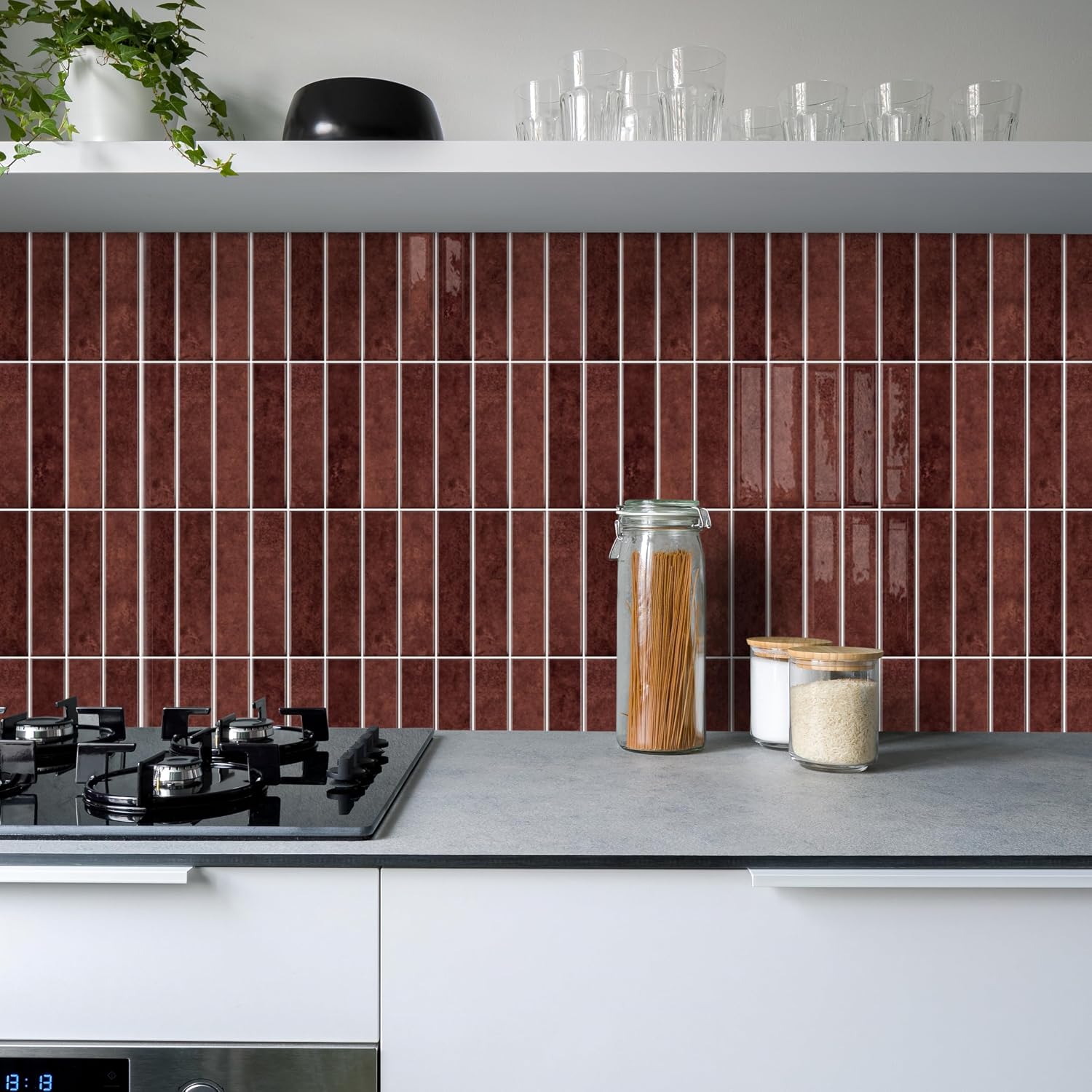 Alwayspon 10 Sheet 12''x 12inch Retro Red Subway 3D Self Adhesive Wall Tile Sticker Transfers, Peel and Stick Self Adhesive Waterproof Splashback Stick on Tile Decals for Kitchen Bathroom Wall