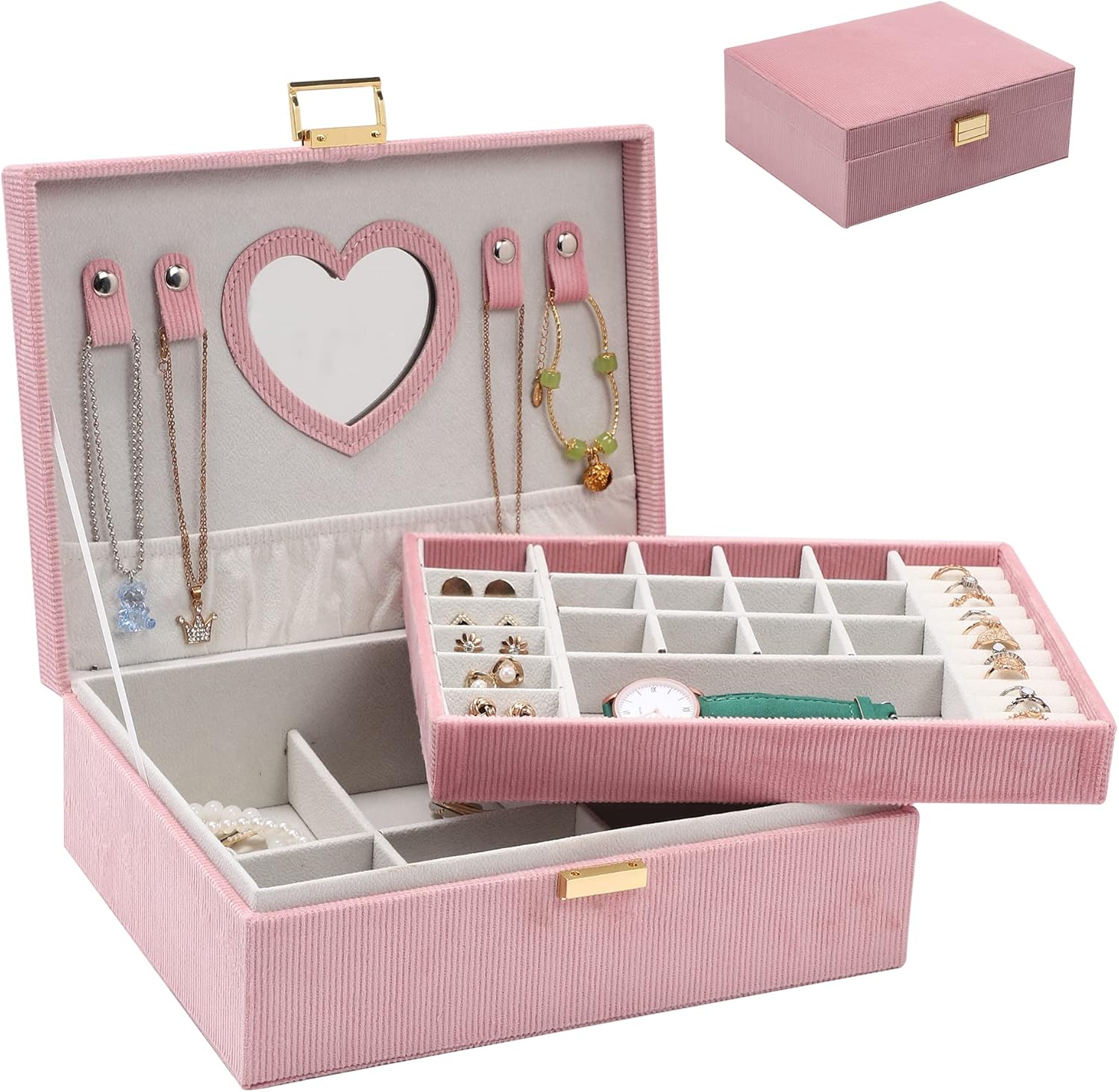 Dajasan Jewelry Boxes for Women Girls, Jewelry Organizer Box, 2-Layer Large Velvet Jewelry Organizer for Rings Necklaces Bracelets Watch Earring（Pink）