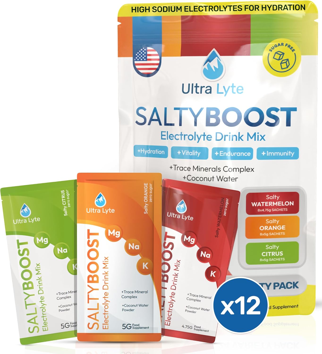 Ultra Lyte Electrolytes Drink Mix - Sugar-Free Variety Pack Powder - 12 Sachets with High Sodium, Trace Minerals, and Coconut Water - Hydration for Sports, Fitness, and Recovery