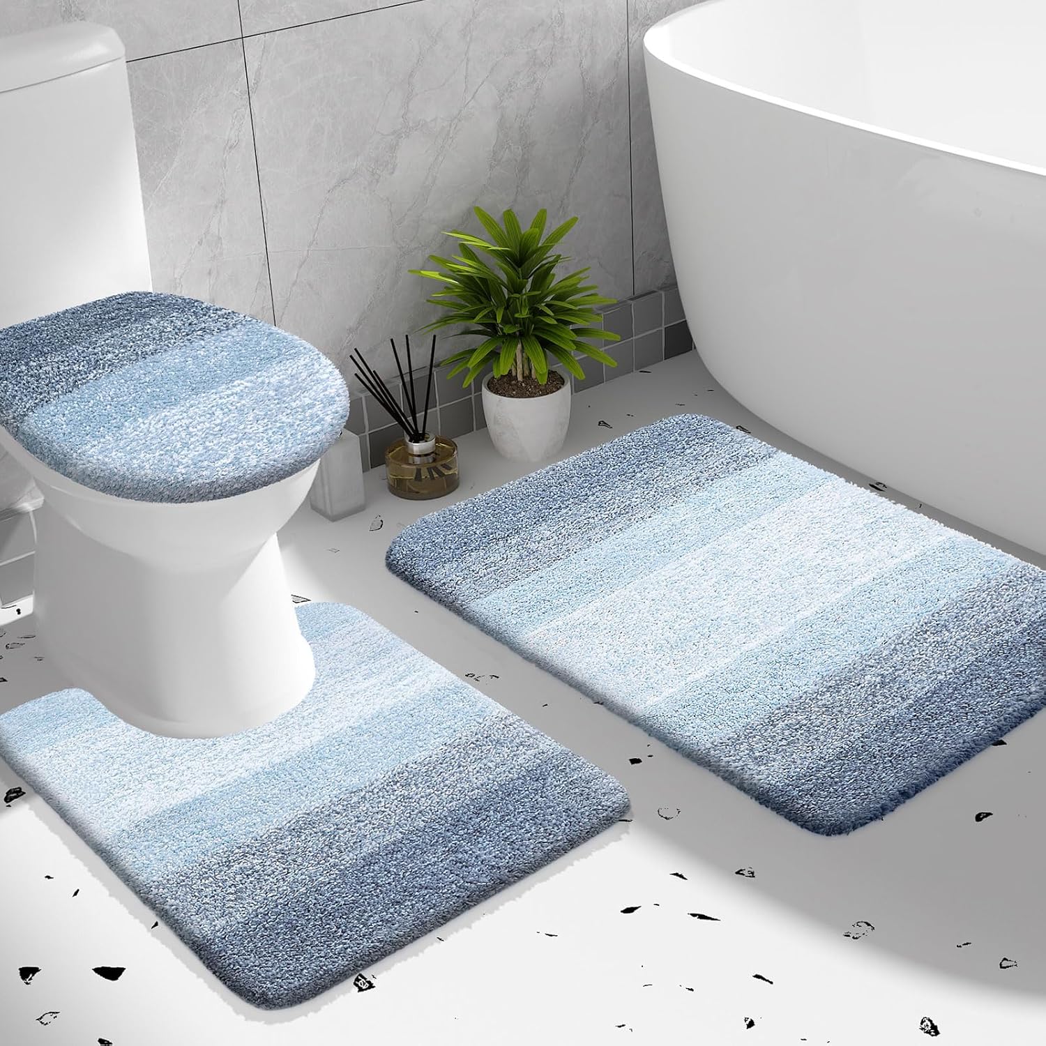 OLANLY Bathroom Rugs Sets 3 Piece, Soft Microfiber Absorbent Bath Mat, U-Shaped Contour Toilet Mat and Toilet Lid Cover, Quick Dry, Machine Washable, Toilet Cover and Rug Set for Bathroom, Blue
