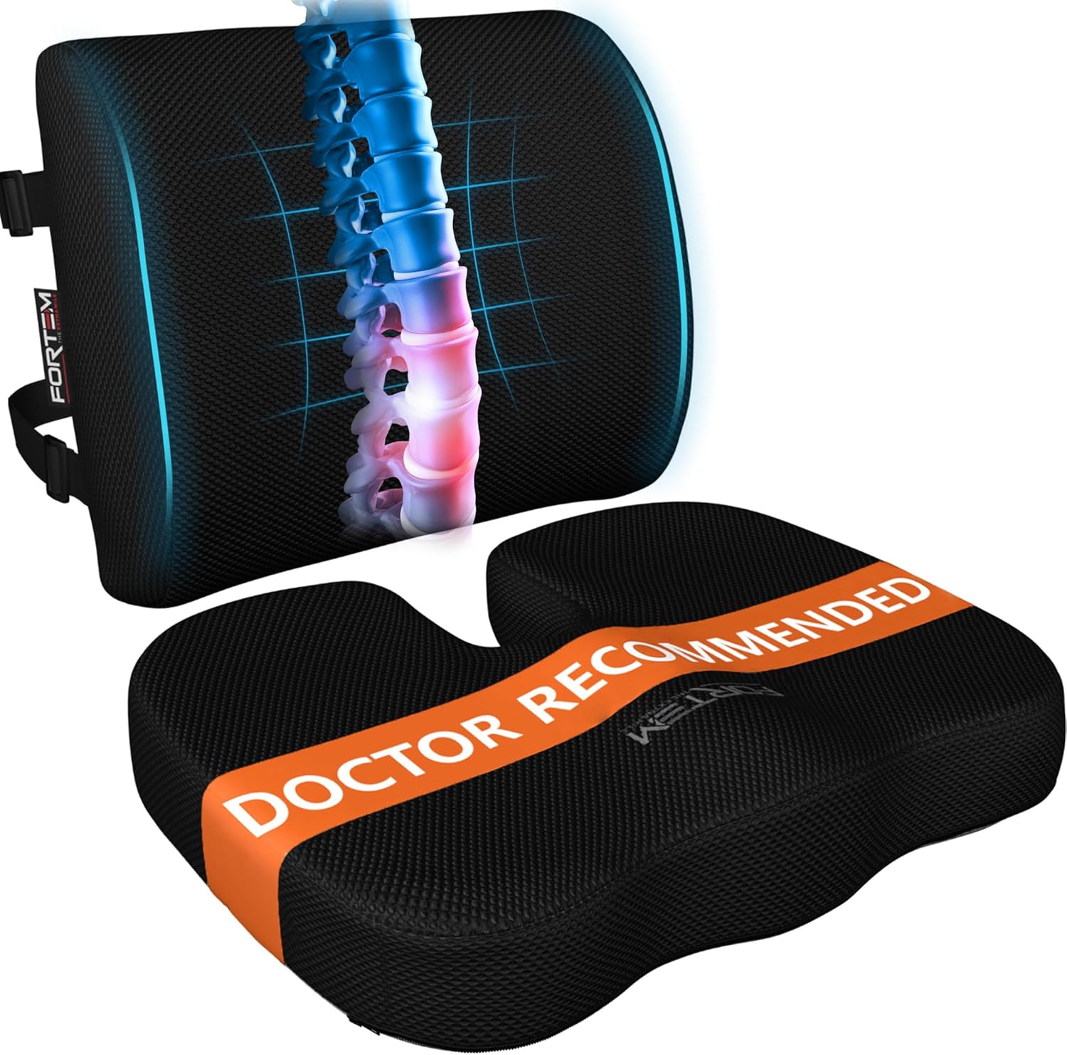 FORTEM Office Chair Cushion and Back Support for Office Chair, Lumbar Support Pillow, Memory Foam, Non Slip Sitting and Back Rest for Gaming, Car Seat Cushion, Chair Pad