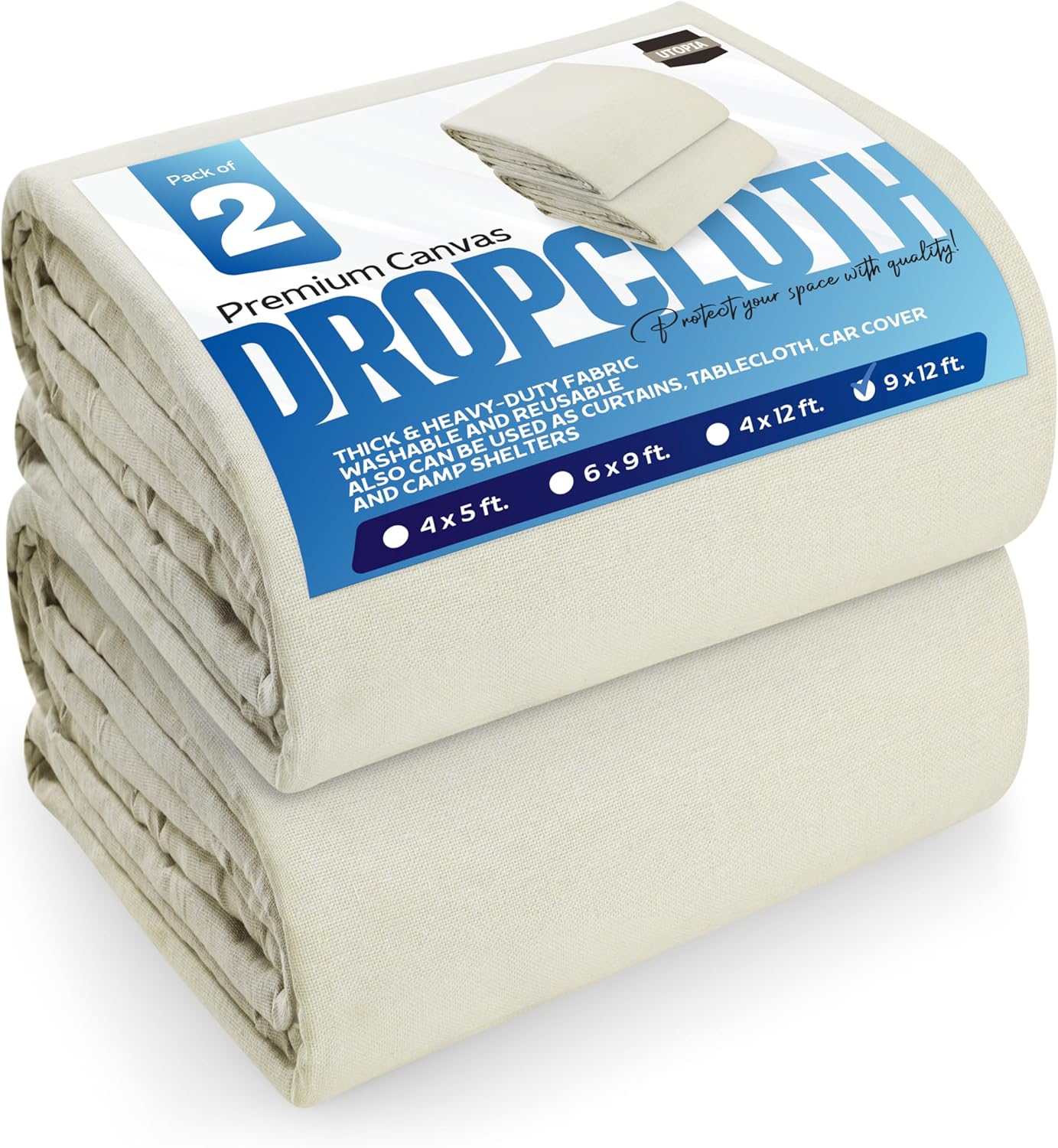Utopia Drop Cloth for Painting (9x12 ft, 2 Pack) Washable and Reusable Canvas Fabric for Furniture & Floor Protection Highly Absorbent Paint Cover - Duck Dropcloth for Outdoor and Indoor Use