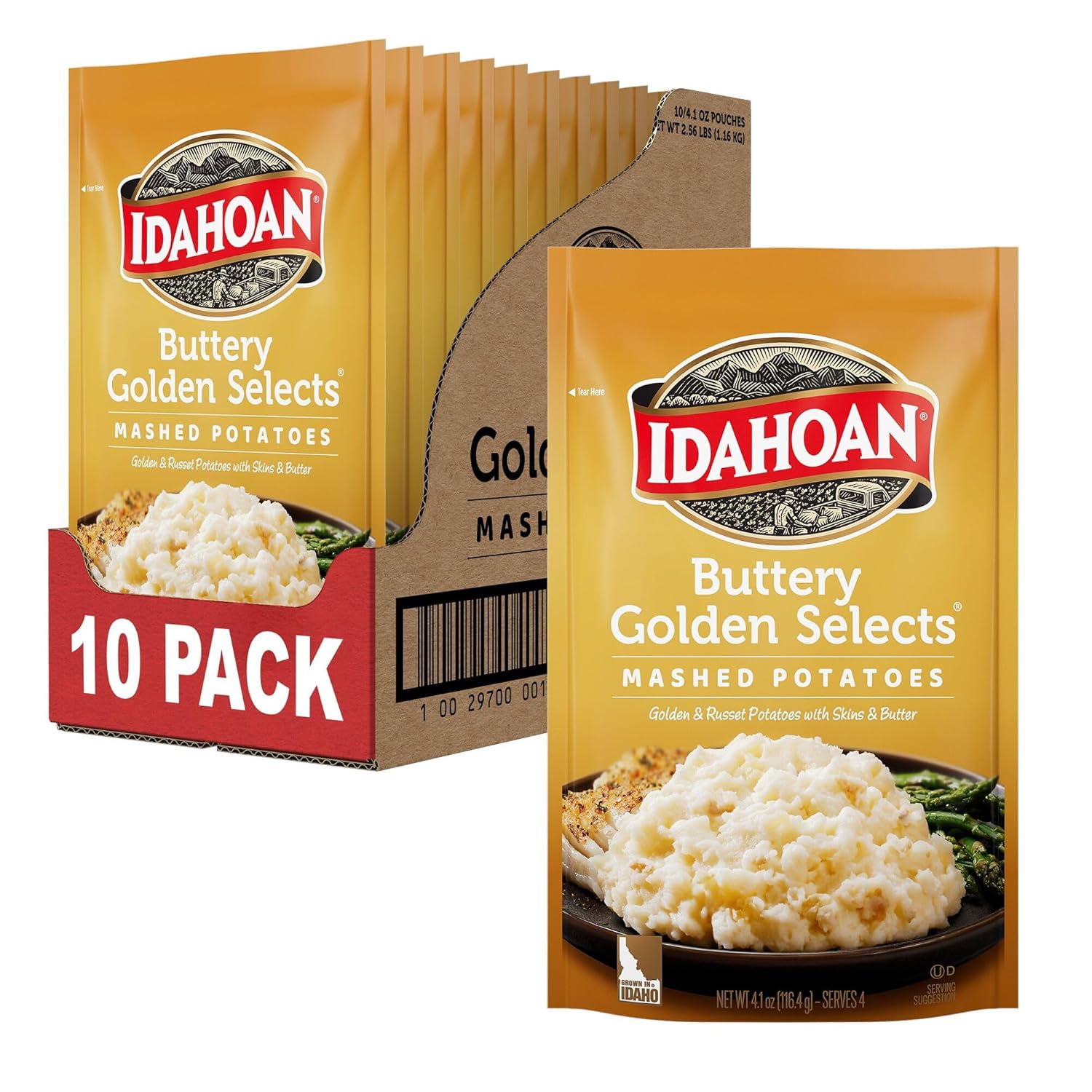 Idahoan Buttery Golden Selects Mashed Potatoes, Naturally Gluten-Free, 100% Real Idaho Potatoes, 4 servings per bag, 4.1 ounce (Pack of 10)