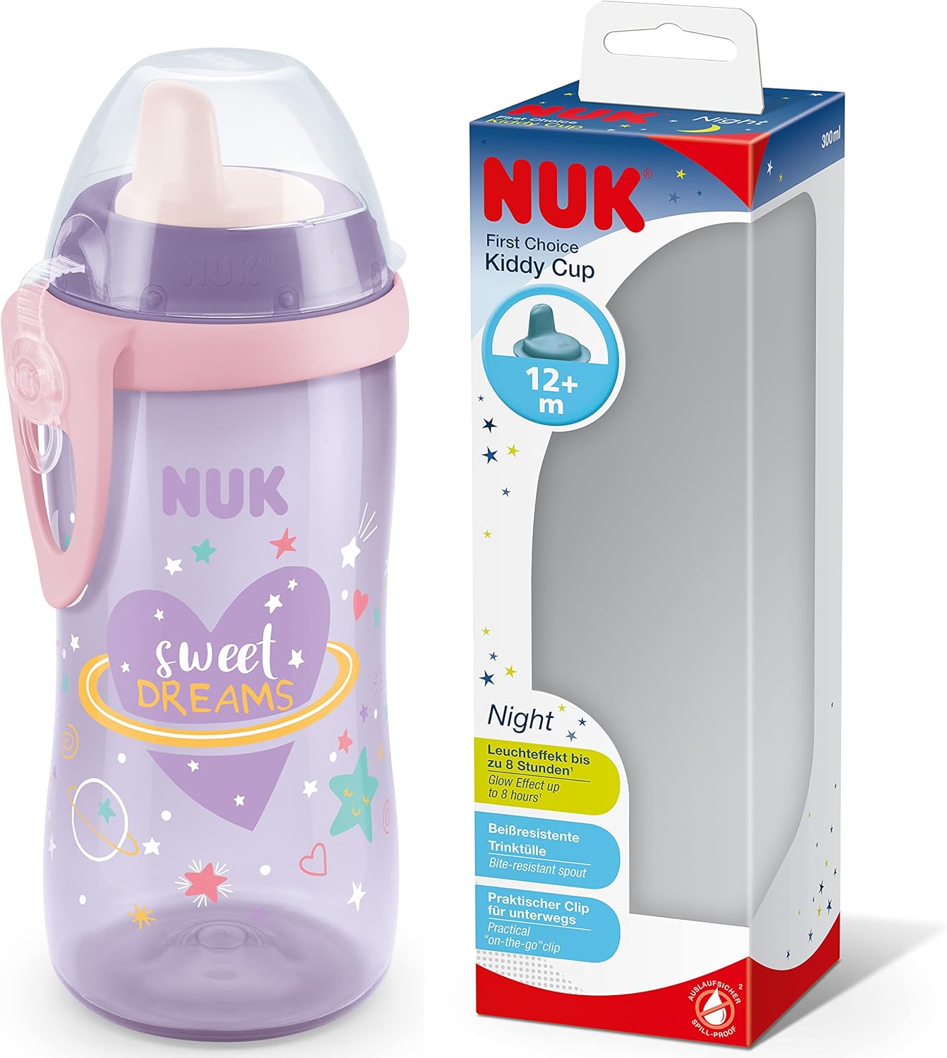 NUK Kiddy Cup Night Toddler Cup | 12+ Months | 300 ml | Leak-Proof Toughened Spout | Glow in The Dark | Clip & Protective Cap | BPA-Free | Purple