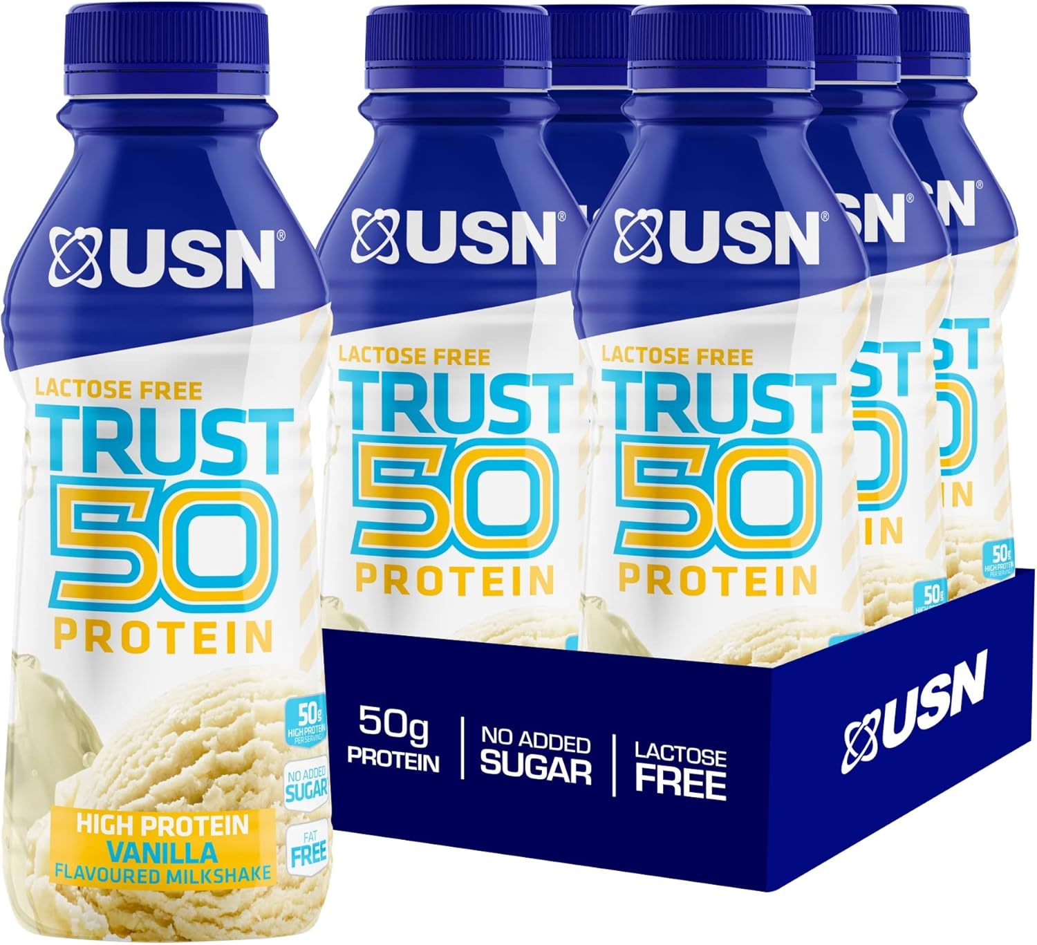 USN Trust 50 Pre-mixed & Ready to Drink Protein Shake Bottles: 6 x 500 ml Vanilla High Protein Recovery Drinks