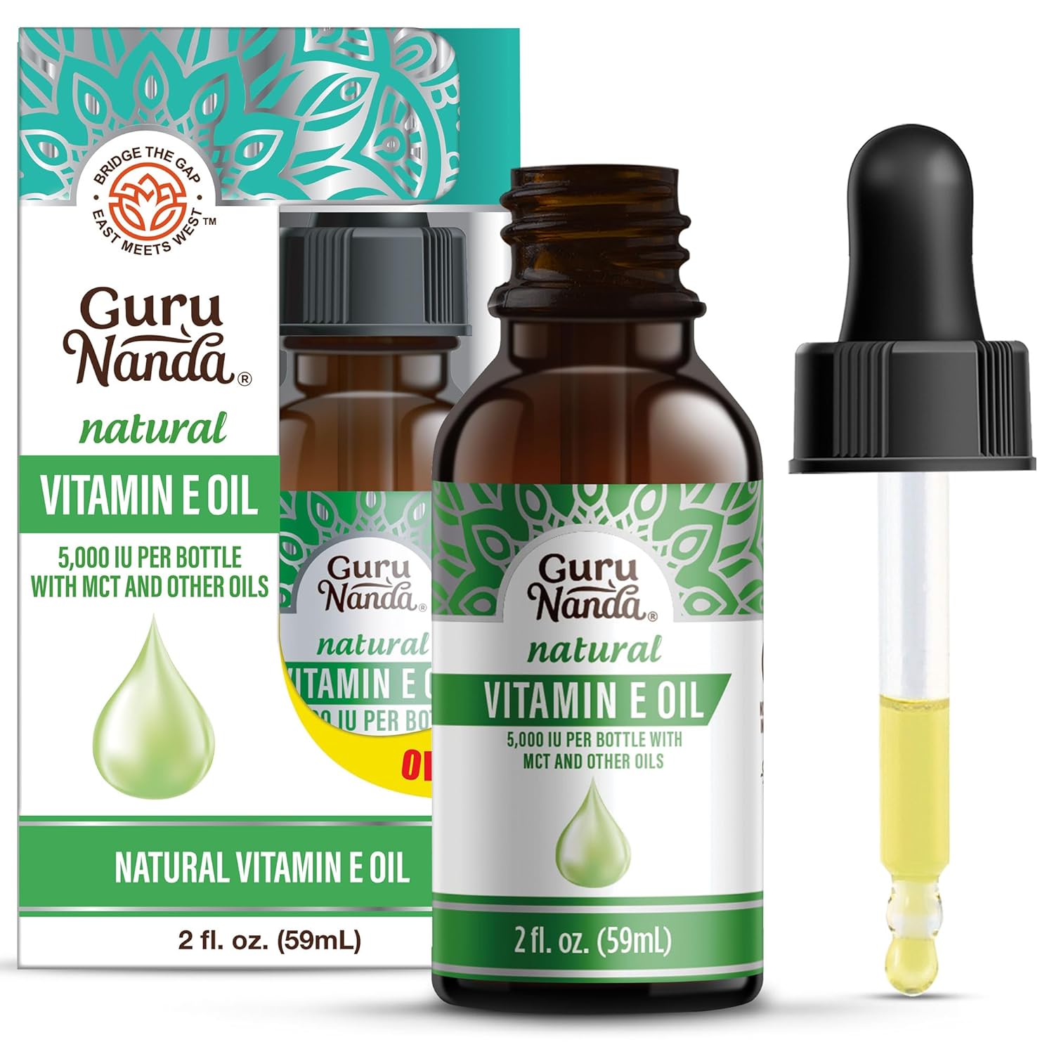GuruNanda Pure & Natural Vitamin E Oil for Skin, Scars, Face, & Nails, 5,000 IU, With D-Alpha Tocopherol & MCT Oil to Help Enhance Absorption, Non-GMO & Vegan, 2 FlOz