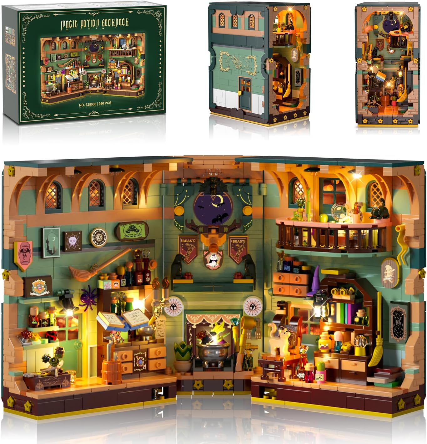 INSOON Magic Potion Booknook Building Set with Light, DIY Bookend Building Block Kit for Home Decor Bookshelf, 990 PCS Miniature Book Nook House Building Brick Model for Adults Kids Boys Girls Age 10+