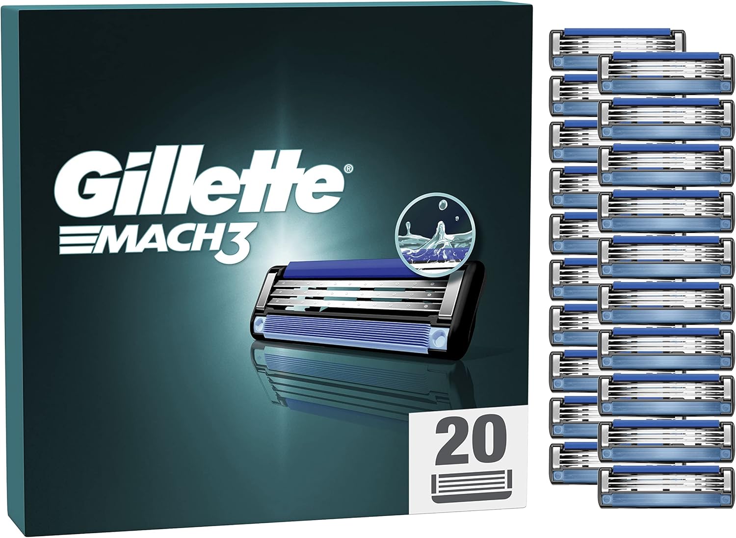 Gillette Mach3 Razor Blades Men, Pack of 20 Razor Blade Refills, Upgraded Lubrastrip for an Enhanced Glide