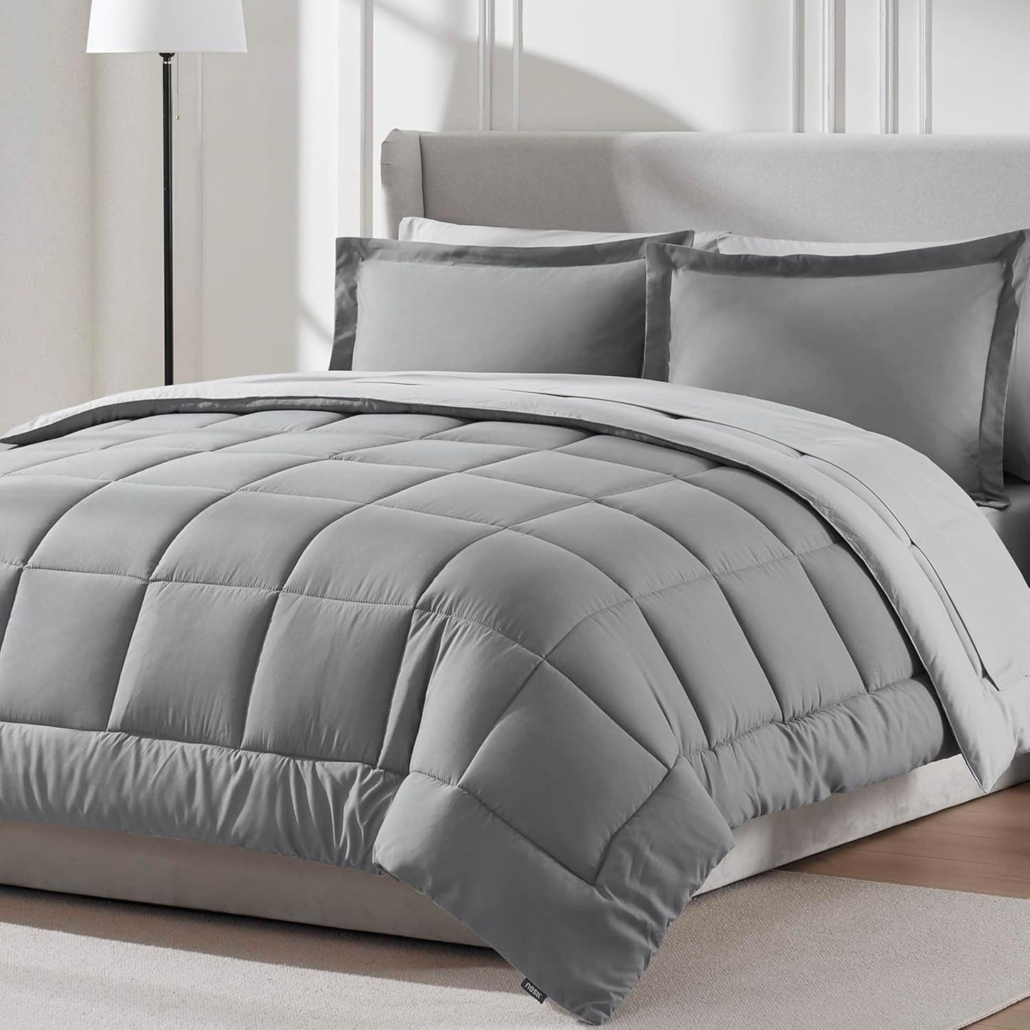 Nestl 7 Piece Queen Comforter Set – Grey Reversible Bed in a Bag – Complete Queen Size Bedding Set with Sheets, Pillowcases and Shams