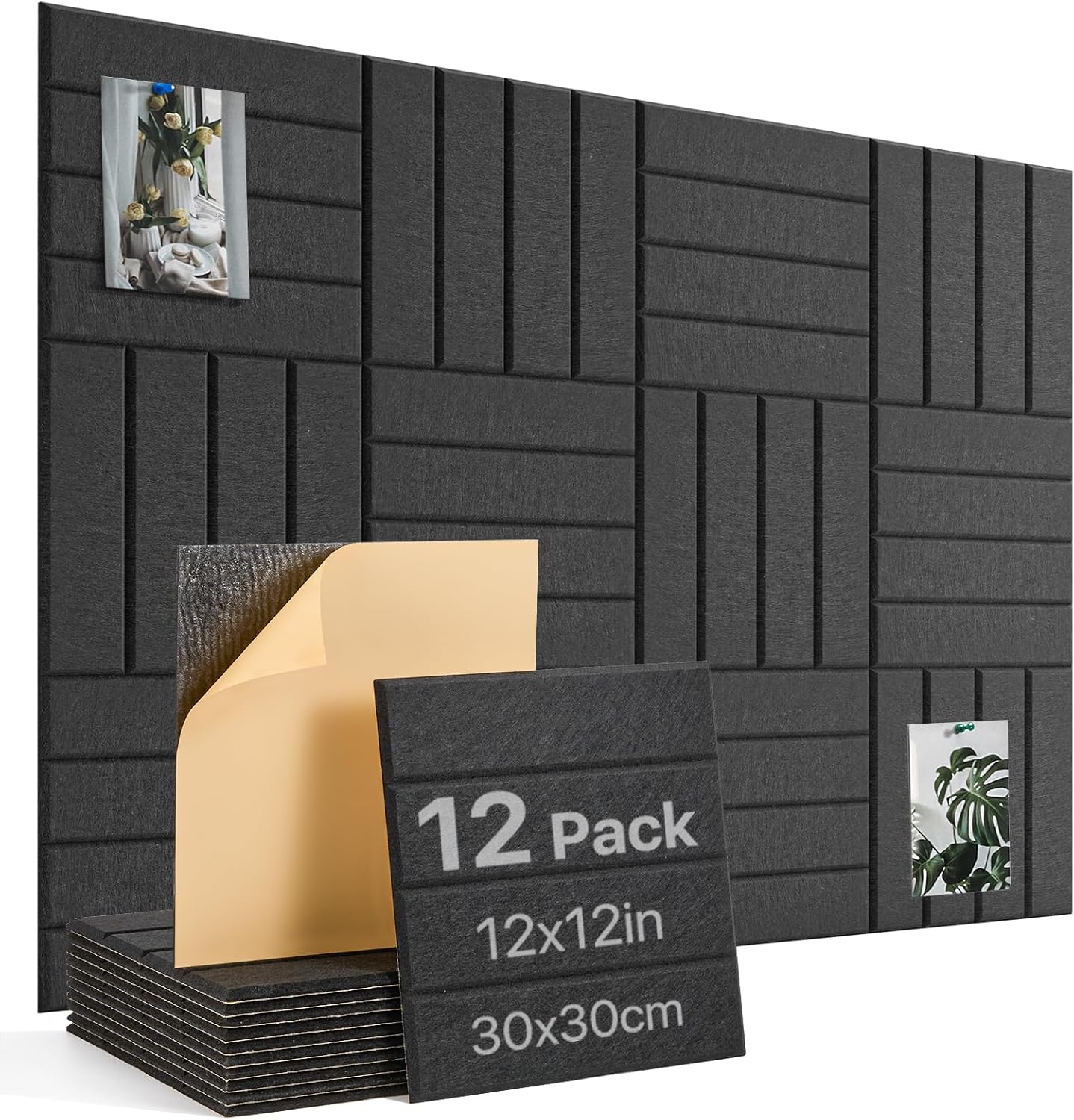 Large Cork Board, 12 Pack 12"X12"X0.4" Felt Bulletin Board Tiles with Self Adhesive for Wall Home Office Decor, Pin Cork Boards-Black