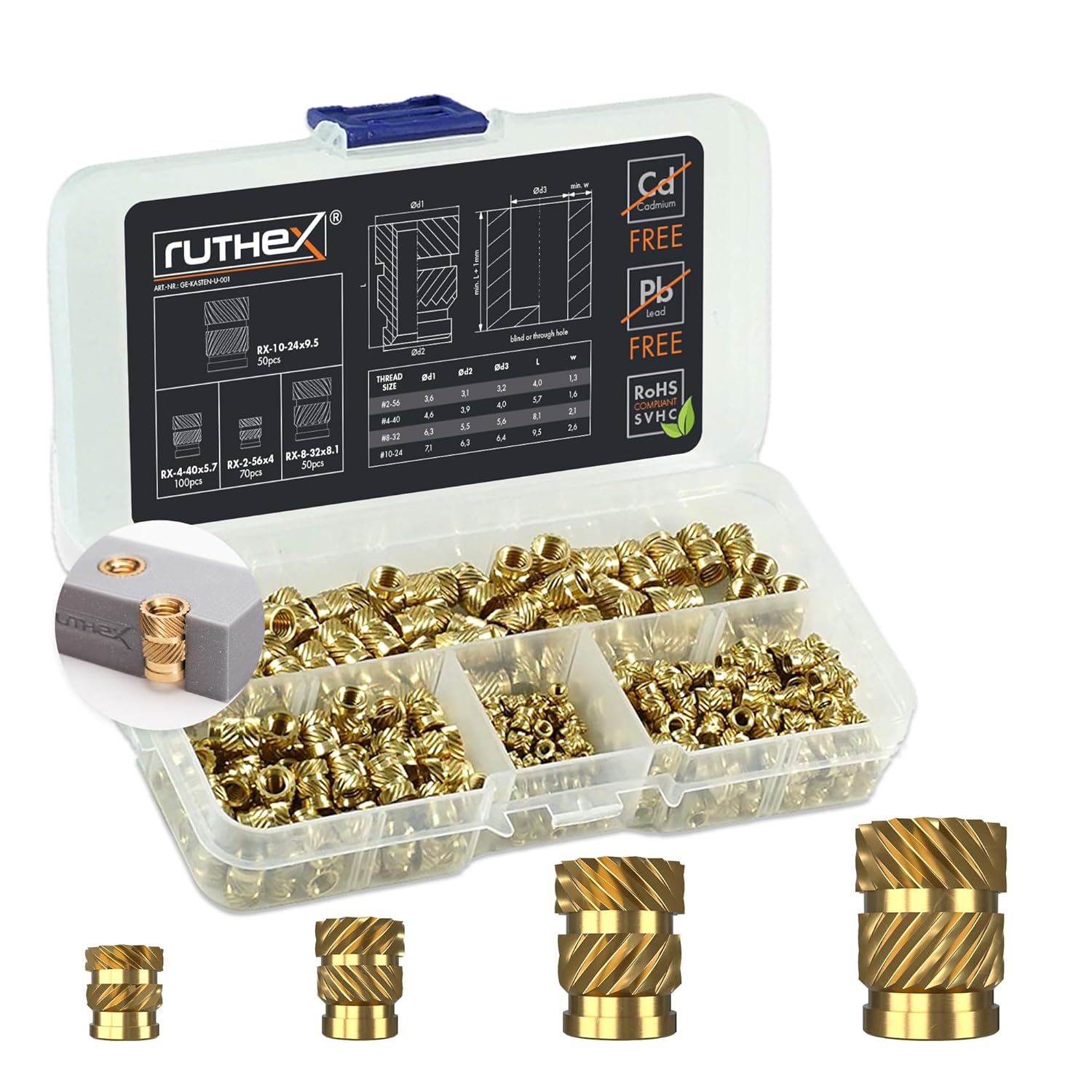 ruthex Threaded Inserts #2-56 + #4-40 + #8-32 + #10-24 Assortment Box - 70 + 100 + 50 + 50 Pieces - Brass Heat Set Insert for Plastic - Inches UNC knurled Nuts - by Heat into 3D Printing Components