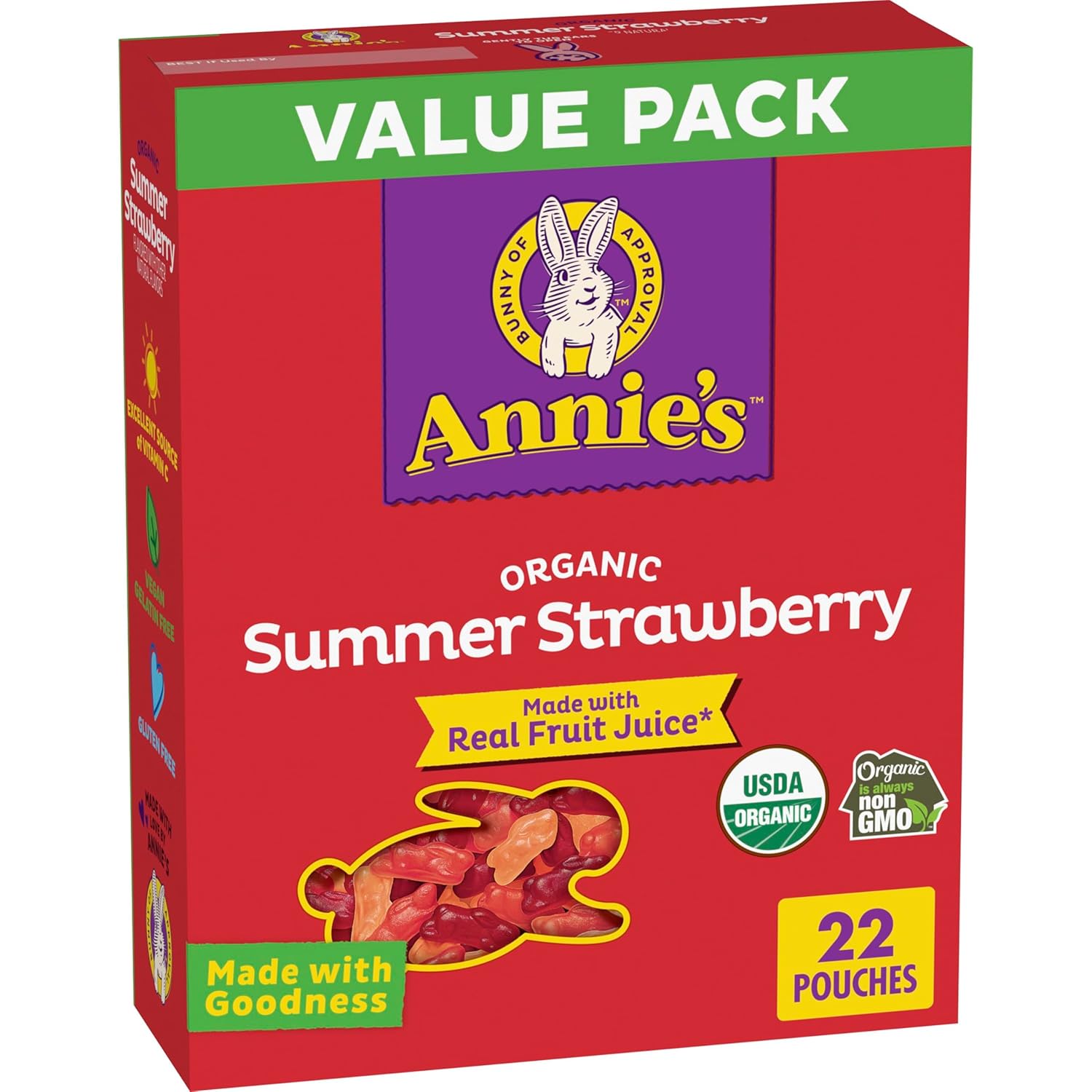 Annie's Organic Bunny Fruit Flavored Snacks, Summer Strawberry, Gluten Free, Value Pack, 22 Pouches, 15.4 oz
