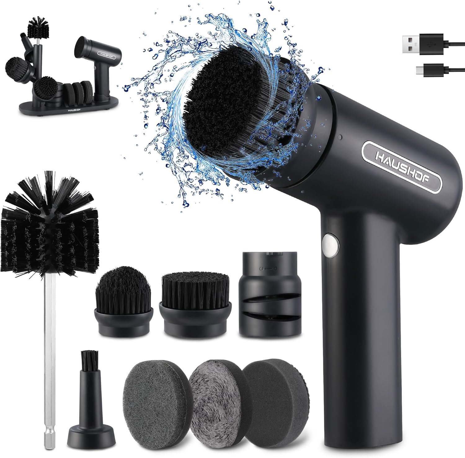HAUSHOF Electric Spin Scrubber, Cordless Cleaning Brush with 8 Replaceable Heads and 3 Speeds for Cleaning Kitchen, Bathroom, Knife Sharpener Included