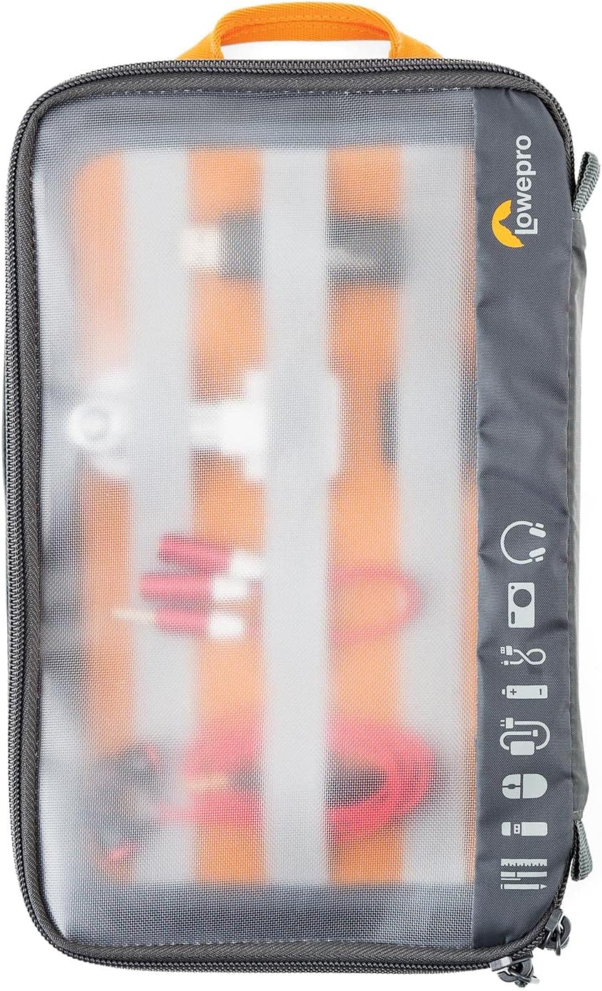 Lowepro GearUp Pouch Large, Travel Essentials Case, Travel Case for PC Cables, Adapters, Batteries, Chargers, Small Cameras and USB Sticks, Laptop Accessory Case, Made of Recycled Fabric, Grey