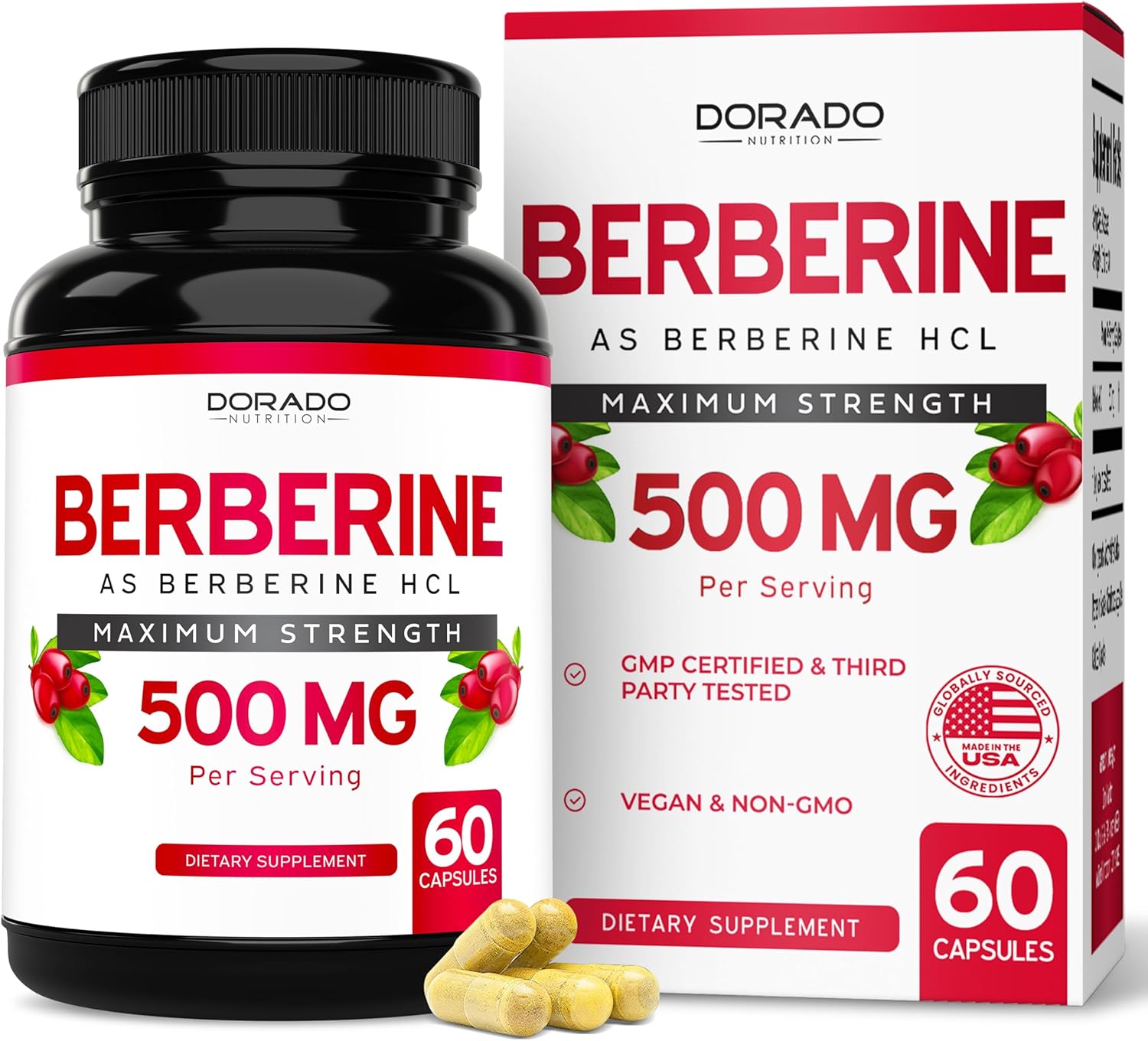 Berberine Supplement 500mg Per Serving (60 Capsules) Berberine HCL for Gut Health Support for Men and Women - Premium Supplements for Adults - Third Party Tested - Vegan Capsules & USA Made