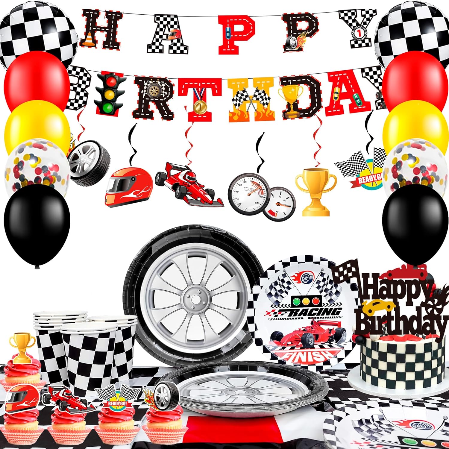 Race Car Birthday Decorations, 87 Pcs Race Car Birthday Party Decorations&Race Car Birthday Party Tableware Set - Race Car Birthday Plates Napkins Balloons Hanging Swirl etc