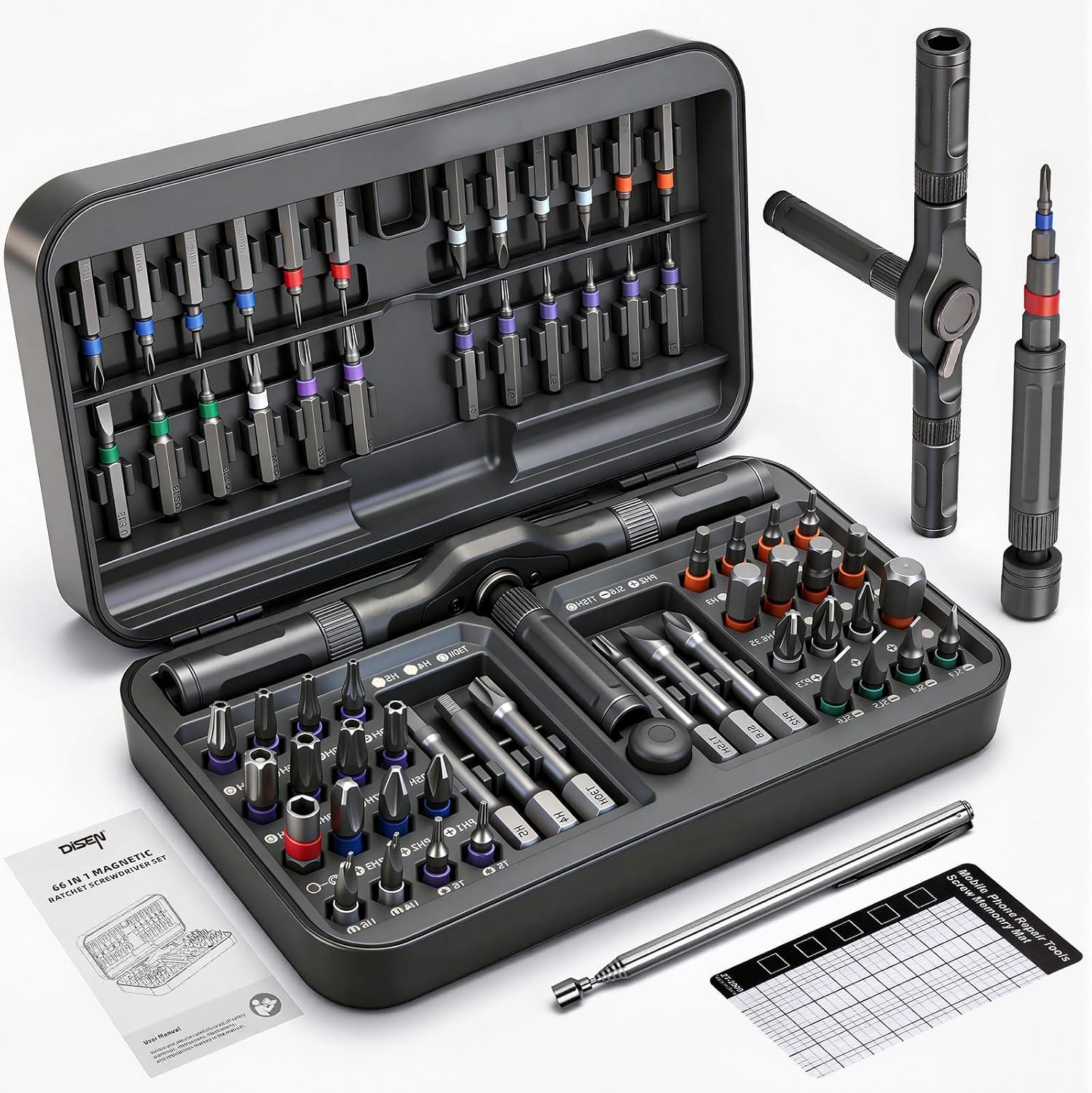 DISEN 68PC Ratcheting Screwdriver Set T-Handle 42 Bits S2 Steel