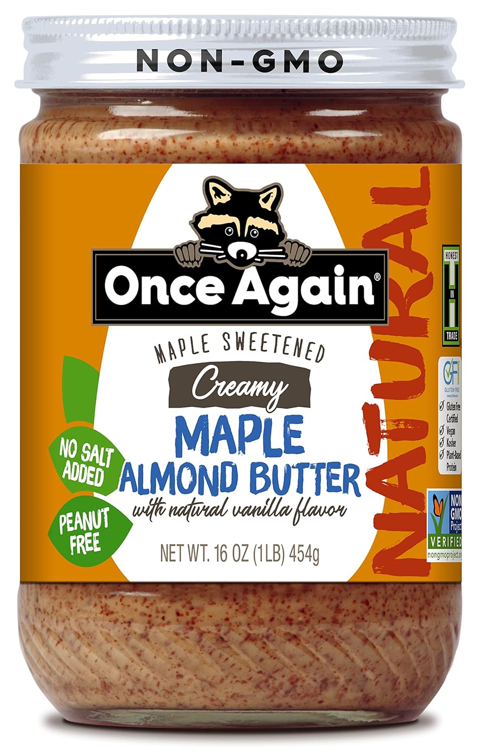 Once Again Natural Creamy Maple Almond Butter with Natural Vanilla Flavor, 16oz - Gluten Free Certified, Peanut Free, Vegan, Kosher, Paleo - Glass Jar