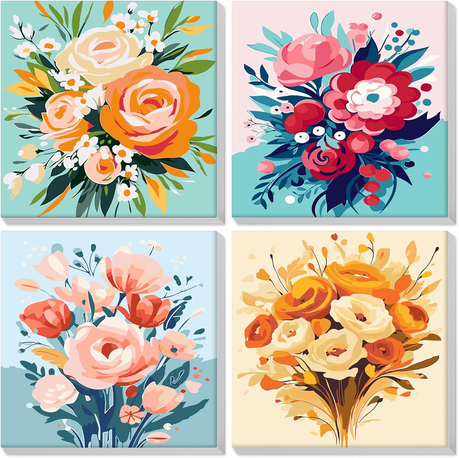 Lxmsja 4 Pack Framed Paint by Numbers for Adults Beginner, Flowers Painting by Numbers Kit for Adults Canvas Kits, Easy DIY Acrylic Pigment Drawing Paintwork for Home Wall Decor, 8x8in/20x20cm