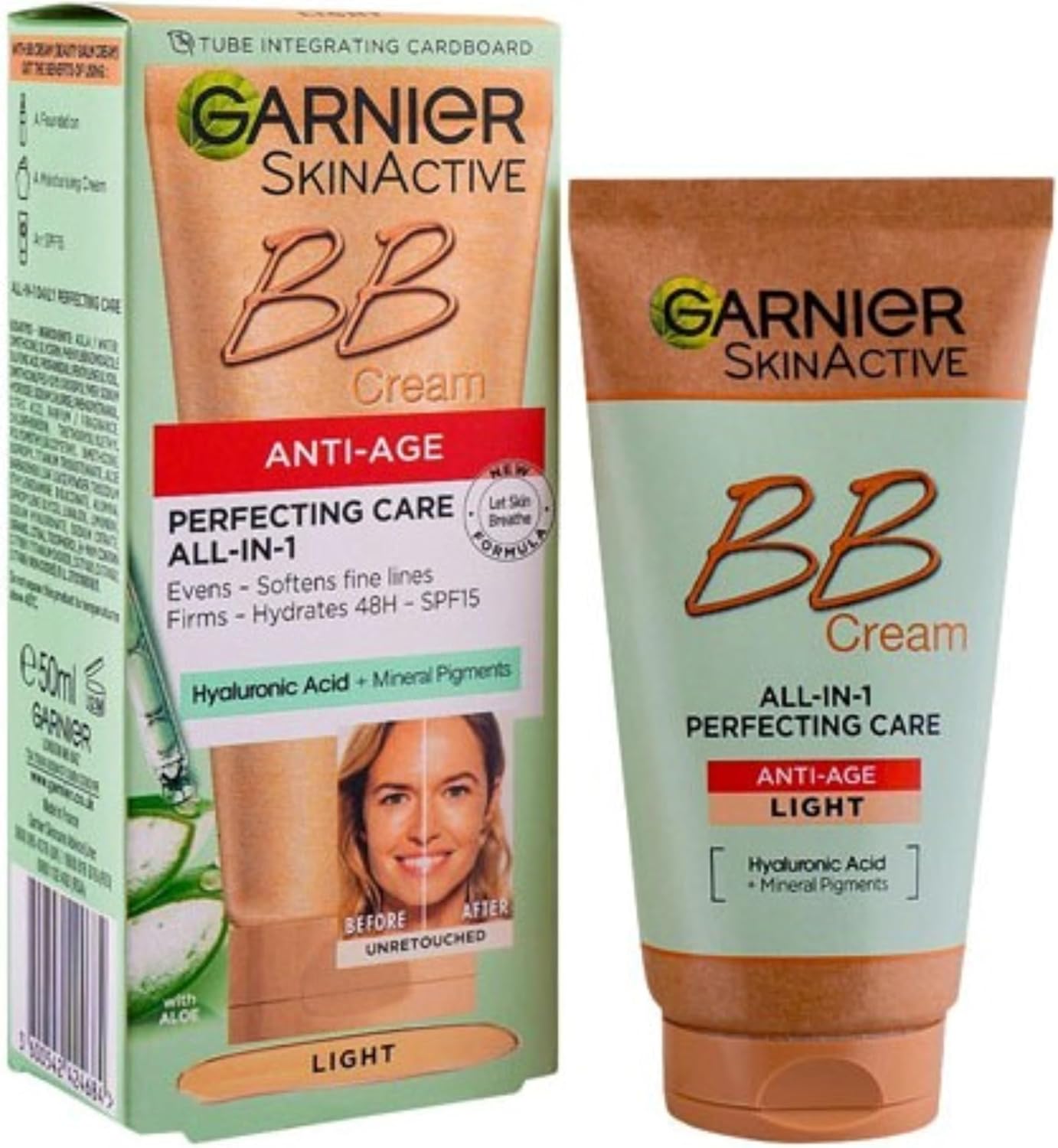 Garnier SkinActive Anti-Age BB Cream, Shade Light, Tinted Moisturiser SPF 15, Softens Fine Lines & Firms Skin, With Hyaluronic Acid, Aloe & Mineral Pigments, 50 ml