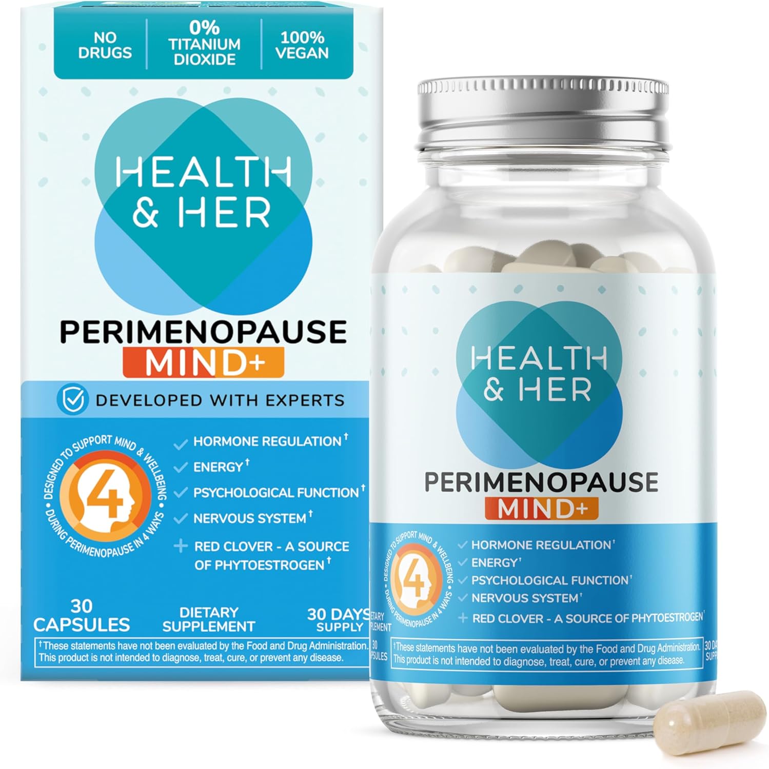 Health & Her Perimenopause Mind+ Cognitive Function Support, for Early Stage of Menopause, Mental Energy, Supplements for Women with Vitamins, Gluten-Free, Non-GMO, Vegan (30 ct - 1 Month)