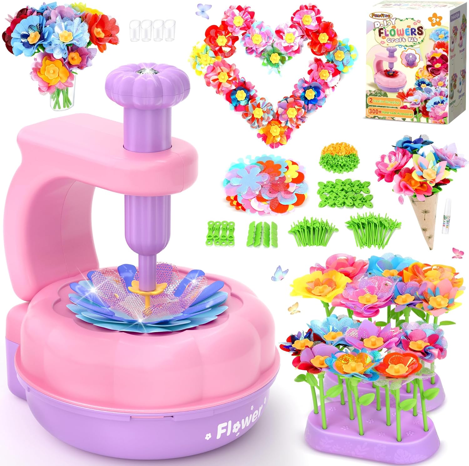 PERRYHOME Fabric Flower Bouquets Toys, 300+ Pcs DIY Flower Making Kit, 2 Gameplays Educational Arts & Crafts for Kids, Reusable Bouquets Maker Birthday Gift for 3 4 5 6 7 8 Years Toddler Girl