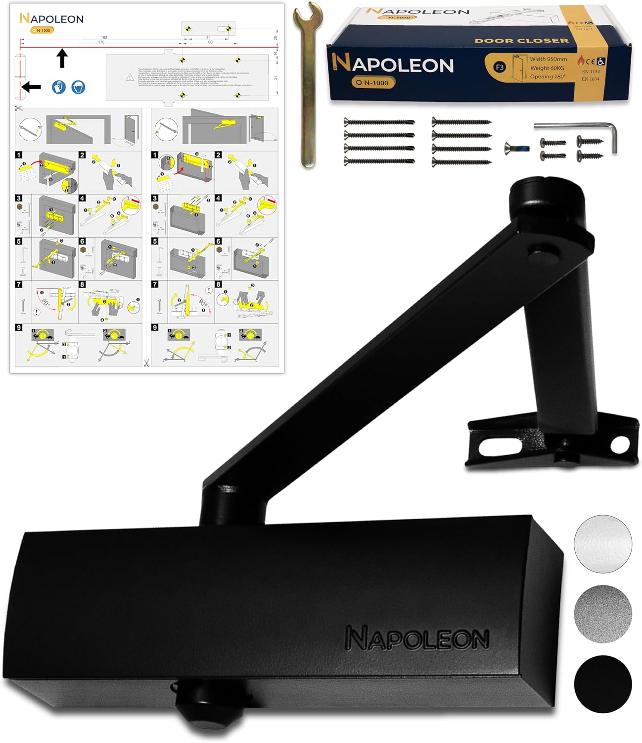 NAPOLEON N-1000 Robust Automatic Door Closer - EN1154/EN1634 Standards - Commercial & Residential - Door from 20Kg to 60Kg Size 3 - Drilling Template - Easy and Quick Installation (Black)