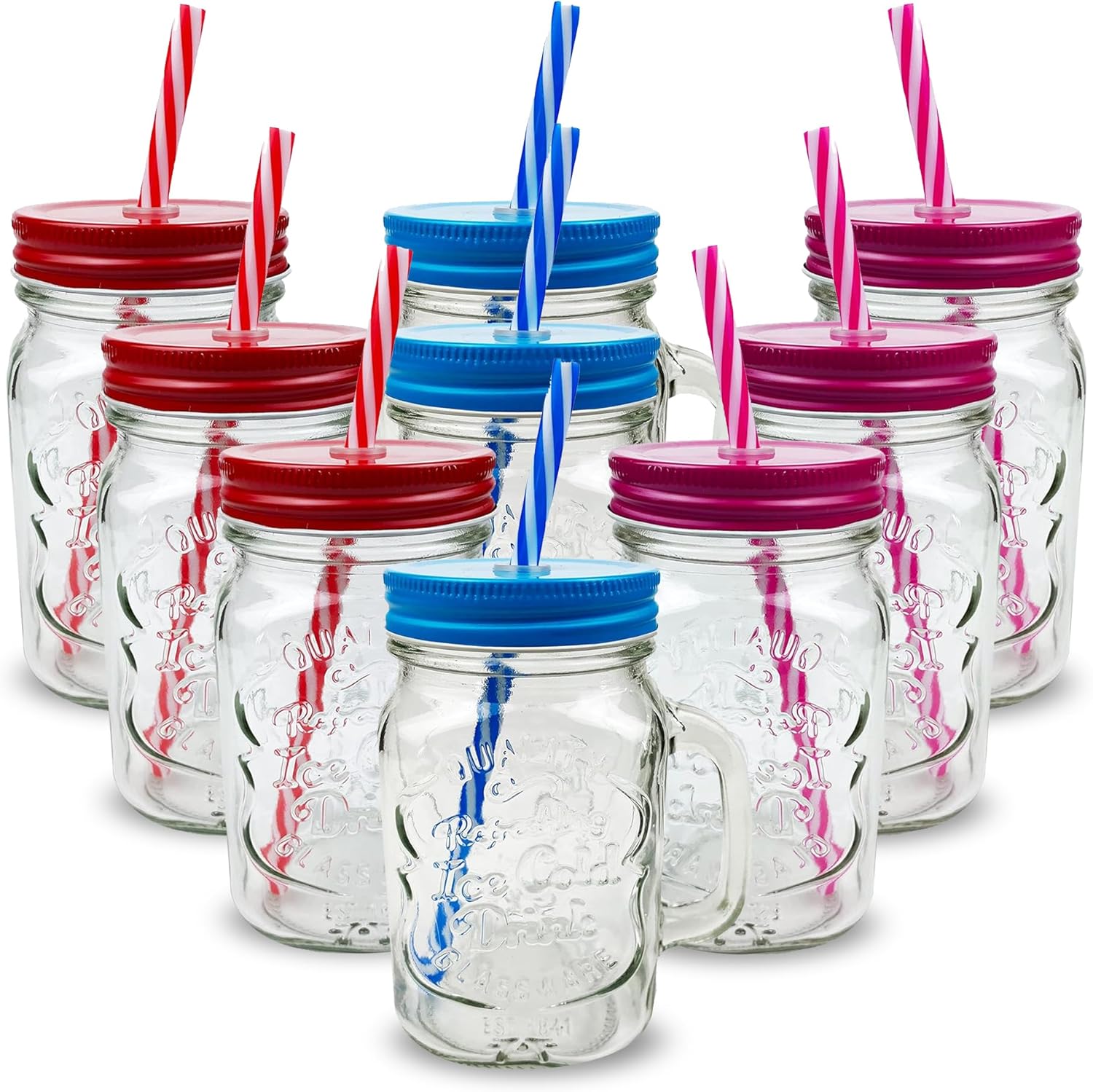 Pack of 9 Mason Jars with Handles, 500 ml Durable Drinking Glasses with Lids, Straws – Perfect for Cold Beverages