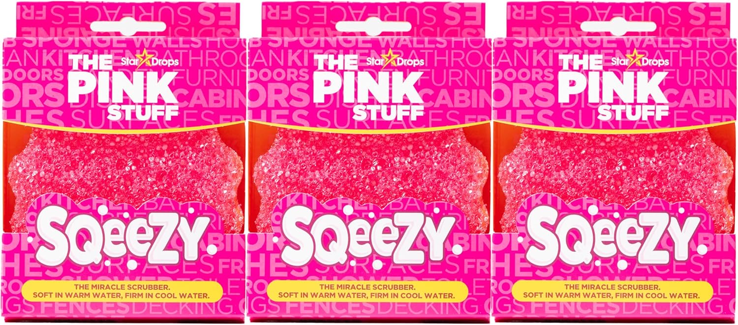 Stardrops – The Pink Stuff – SQeeZY Miracle Scrubber Sponge, Scratch Free Solution for Ultimate Home Cleaning - Perfect for Kitchens, Bathrooms, and Outdoor Use, 3-Pack