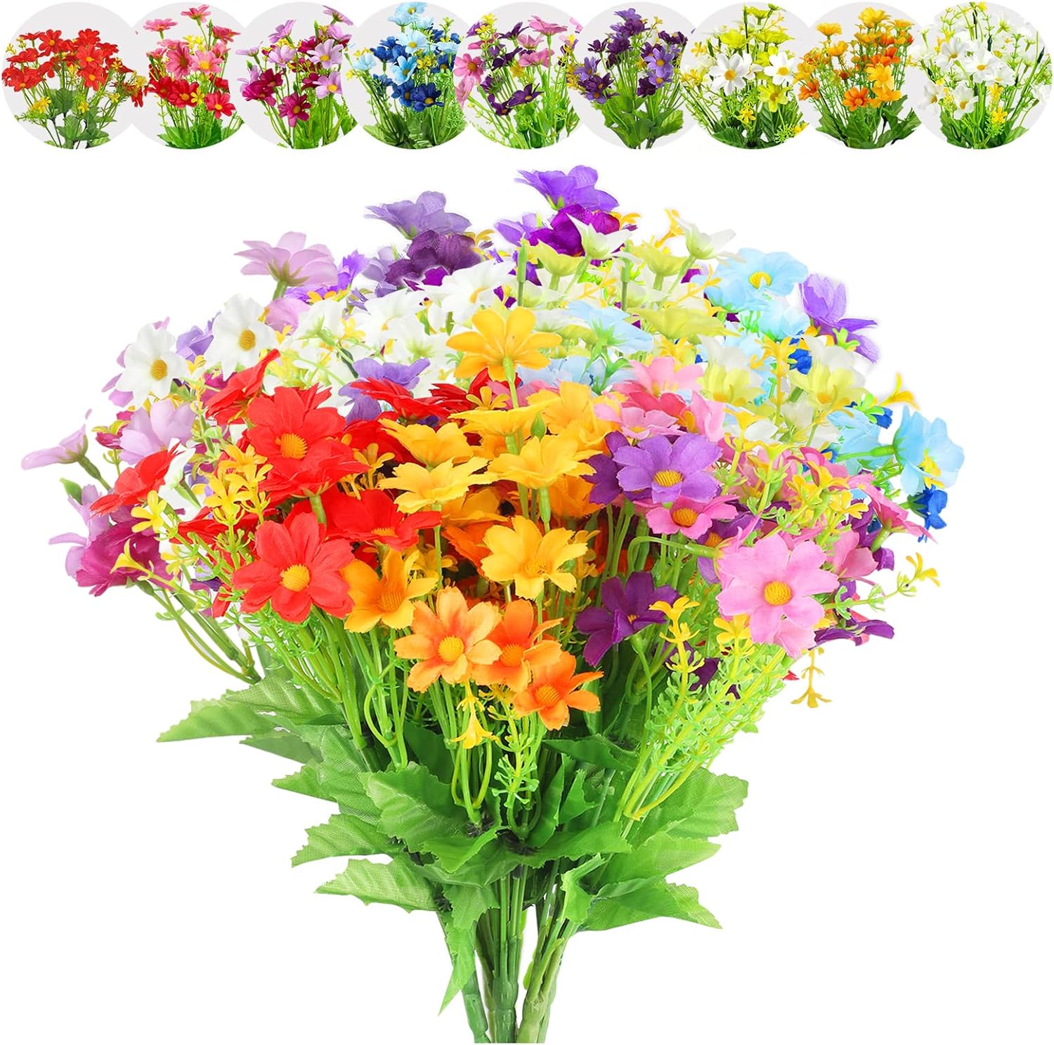 Yafe 12 Bundles Artificial Flowers, 9 Colors UV Resistant-Daisy Silk Artificial Fake Flowers, Plastic Flowers for Indoor Vase or Outside Hanging Planter Home Garden Decorating