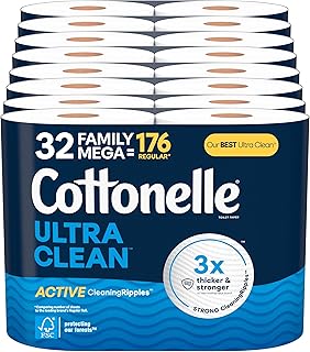 Cottonelle Ultra Clean Toilet Paper with Active CleaningRipples Texture, 32 Family Mega Rolls (32 Family Mega Rolls = 176 Regular Rolls) (8 Packs of 4), 353 Sheets Per Roll, Packaging May Vary