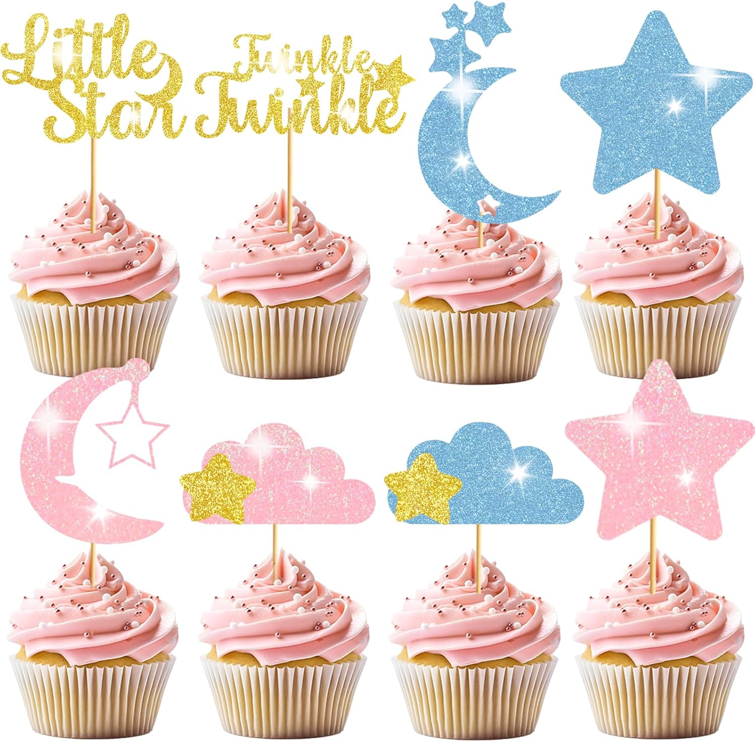 Twinkle Twinkle Little Star Cupcake Toppers, Star Cupcake Toppers, Twinkle Twinkle Little Star Gender Reveal Decorations, Gender Reveal Cake Decorations for Baby Shower Supplies