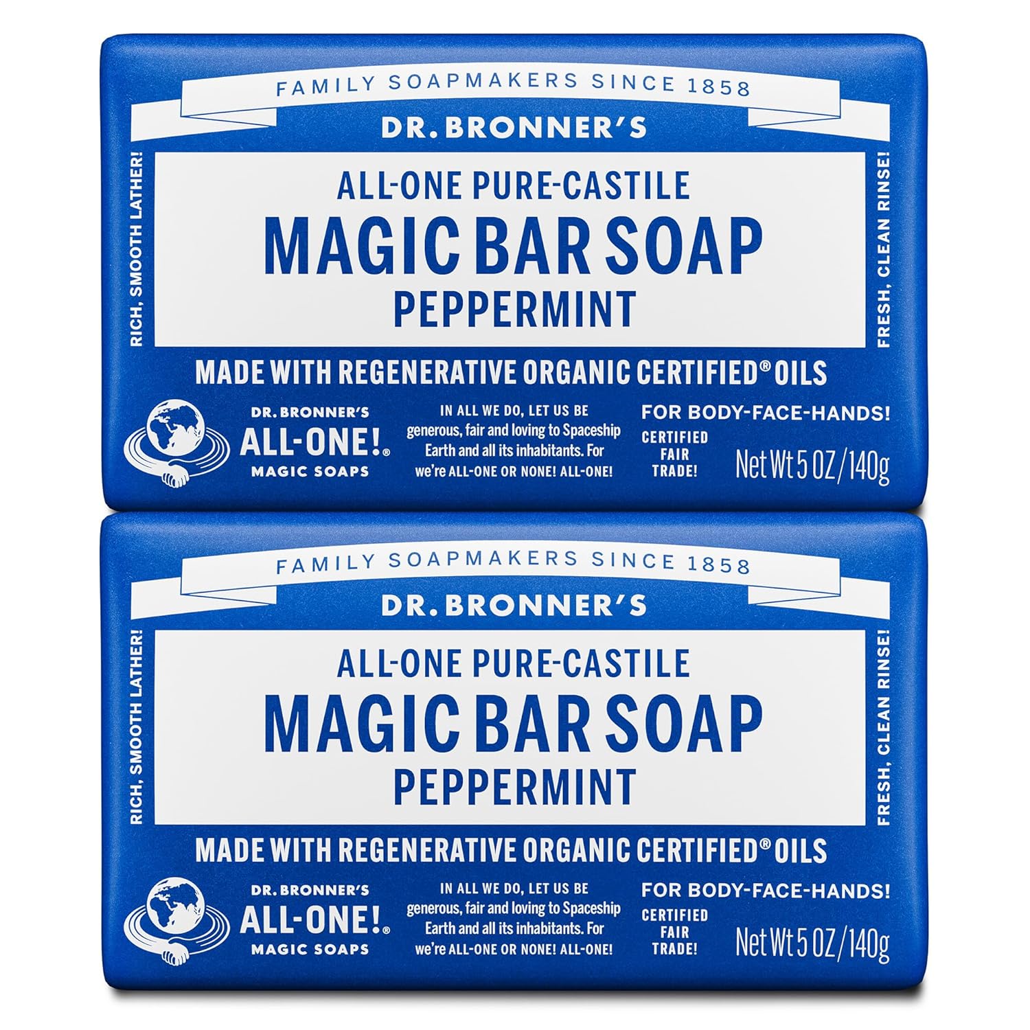 Dr. Bronner's Pure-Castile Magic Bar Soap (Peppermint, 5oz, 2-Pack) – Made with Regenerative Organic Certified Oils, Soap Bars for Men & Women, Gentle for Face & Sensitive Skin, Vegan, Non-GMO